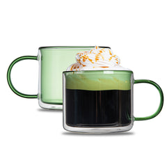 Forma Professional 11 oz Green Glass Coffee Mug - Double Wall, Borosilicate, with Handle - 3 1/2