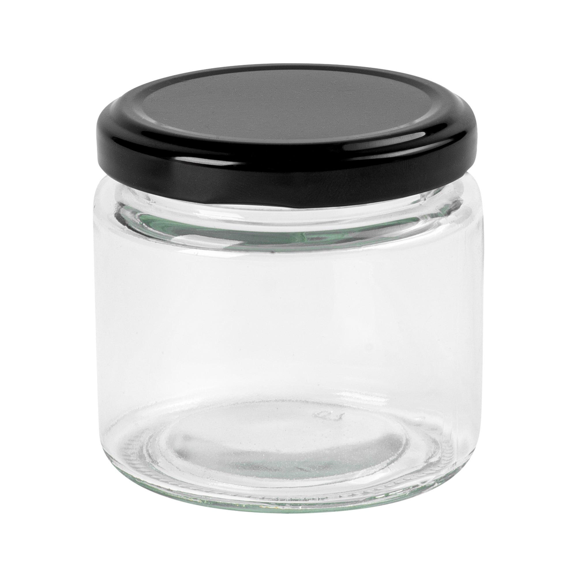 Vetri 6 oz Clear Glass Jar - with Black Metal Lid - 2 3/4" x 2 3/4" x 2 1/2" - 10 count box