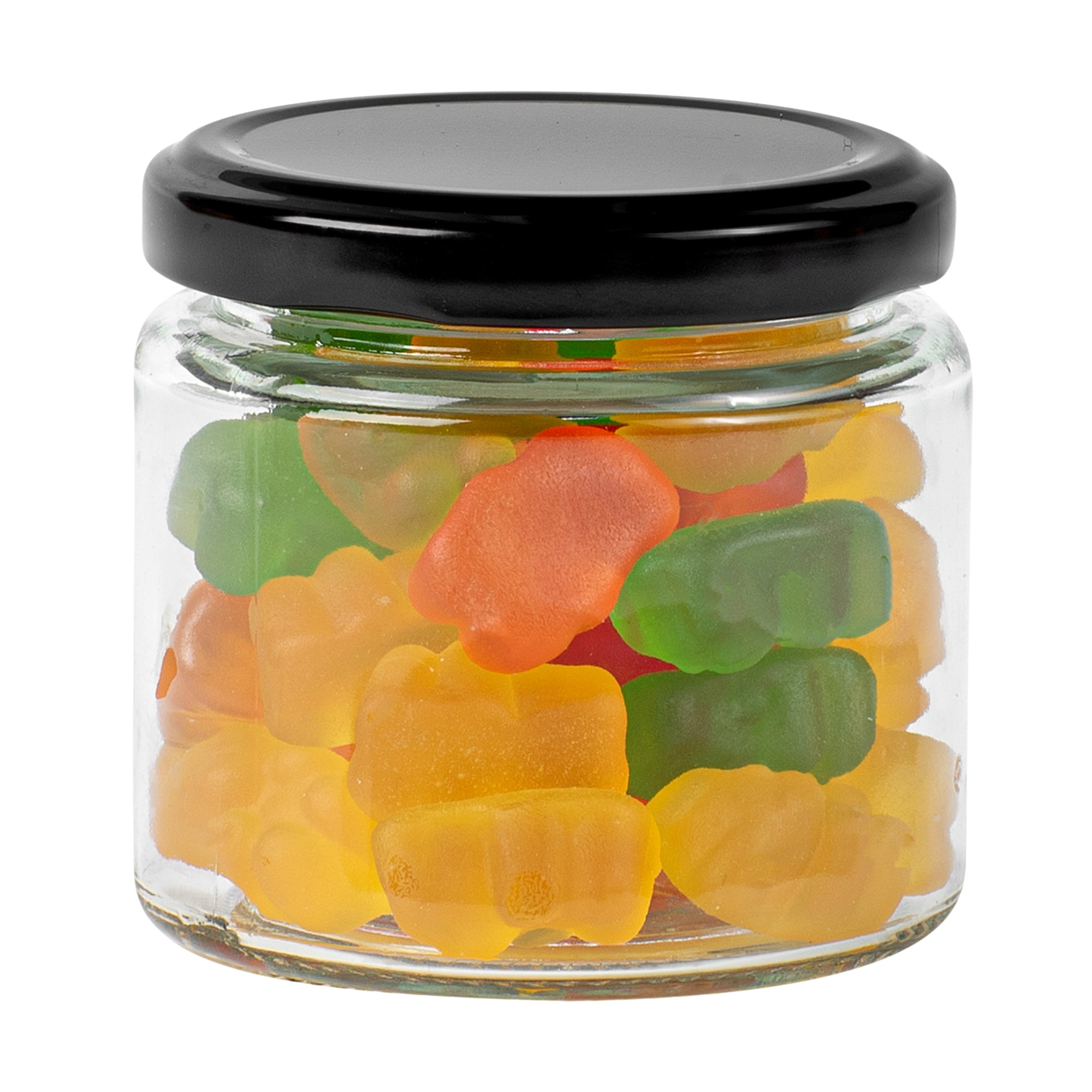 Vetri 6 oz Clear Glass Jar - with Black Metal Lid - 2 3/4" x 2 3/4" x 2 1/2" - 10 count box