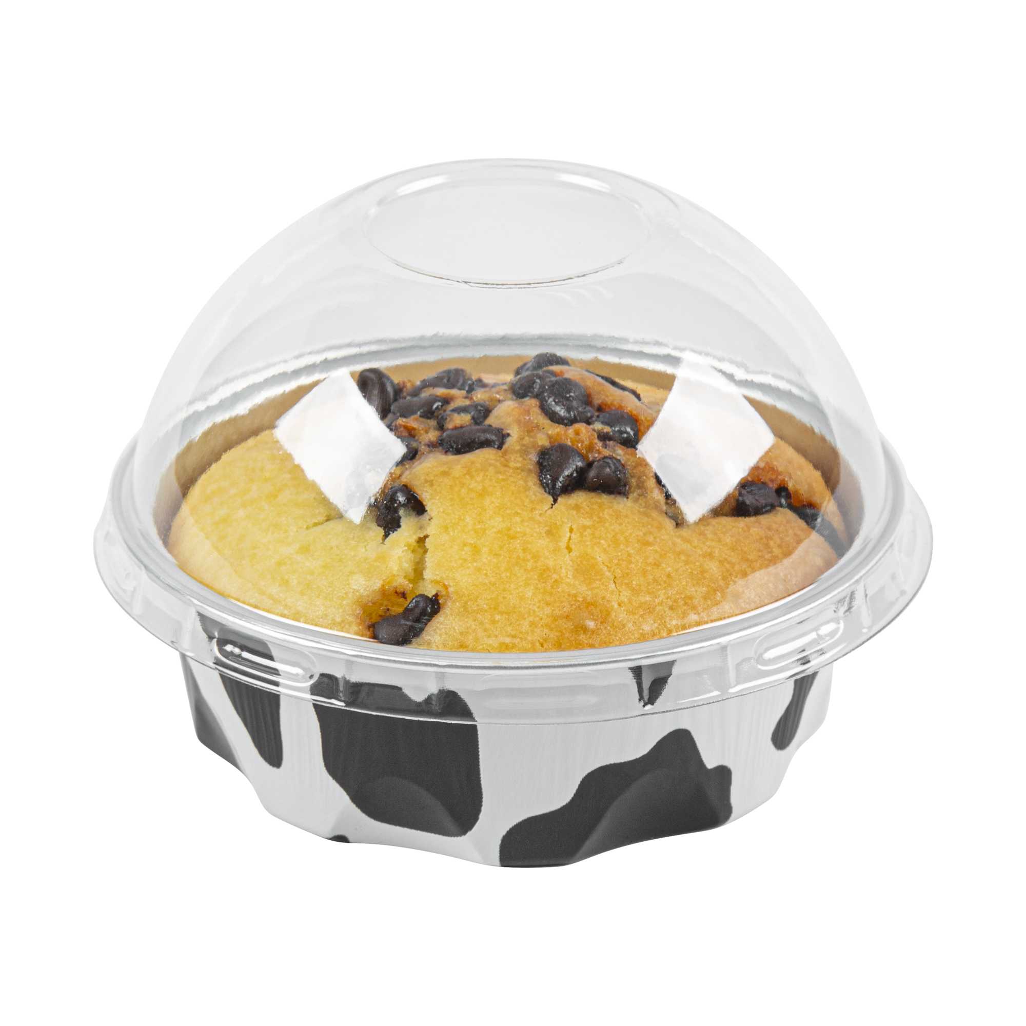 Pastry Tek 3 oz Round Cow Lines Aluminum Baking Cup - with Plastic Dome Lid - 3 1/4" x 3 1/4" x 1" - 100 count box