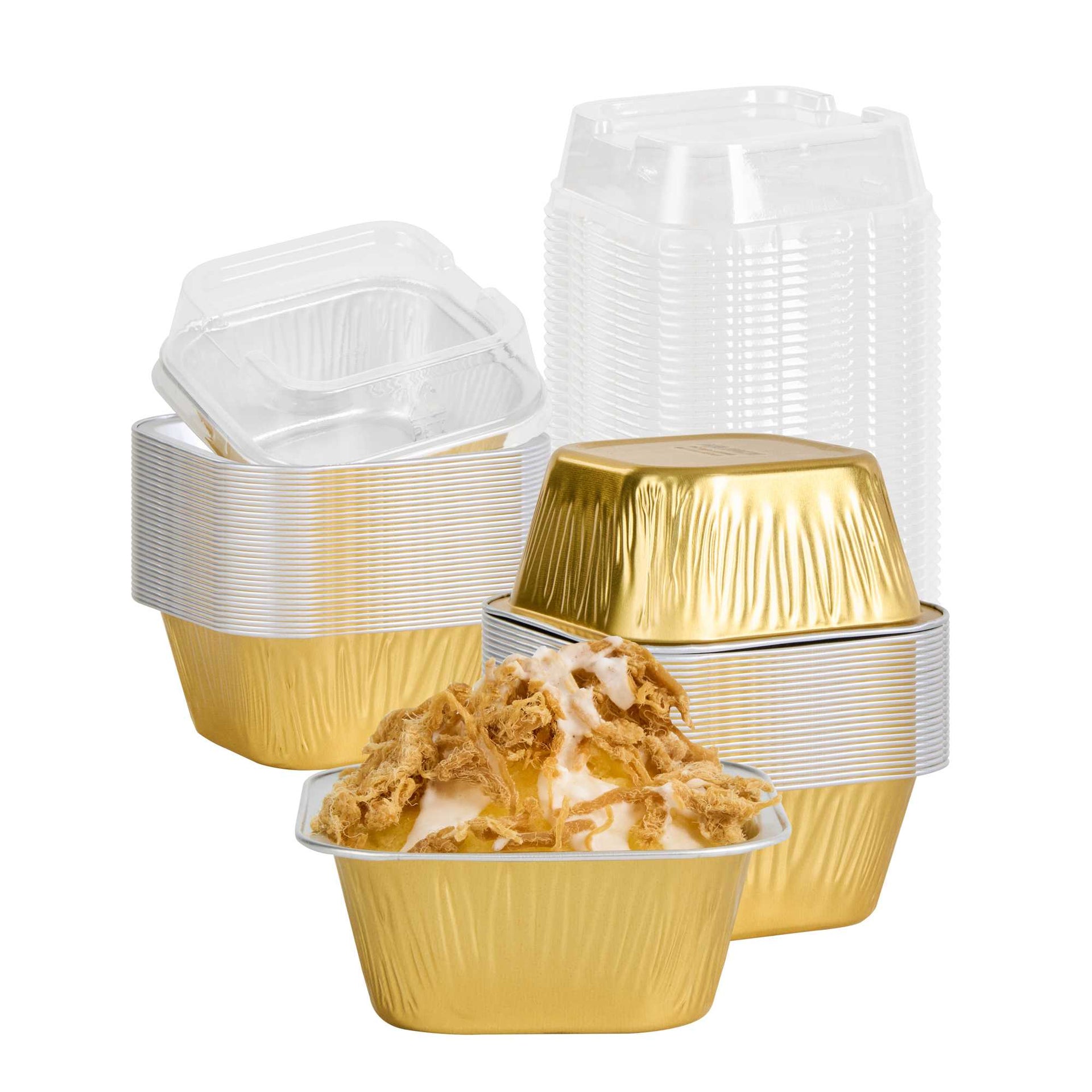Pastry Tek 3 oz Square Gold Aluminum Baking Cup - with Plastic Dome Lid - 3" x 3" x 1 1/4" - 100 count box