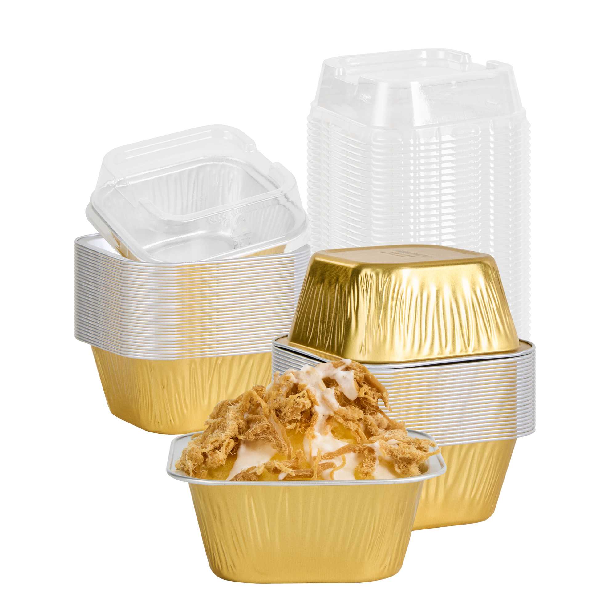 Pastry Tek 3 oz Square Gold Aluminum Baking Cup - with Plastic Dome Lid - 3" x 3" x 1 1/4" - 100 count box