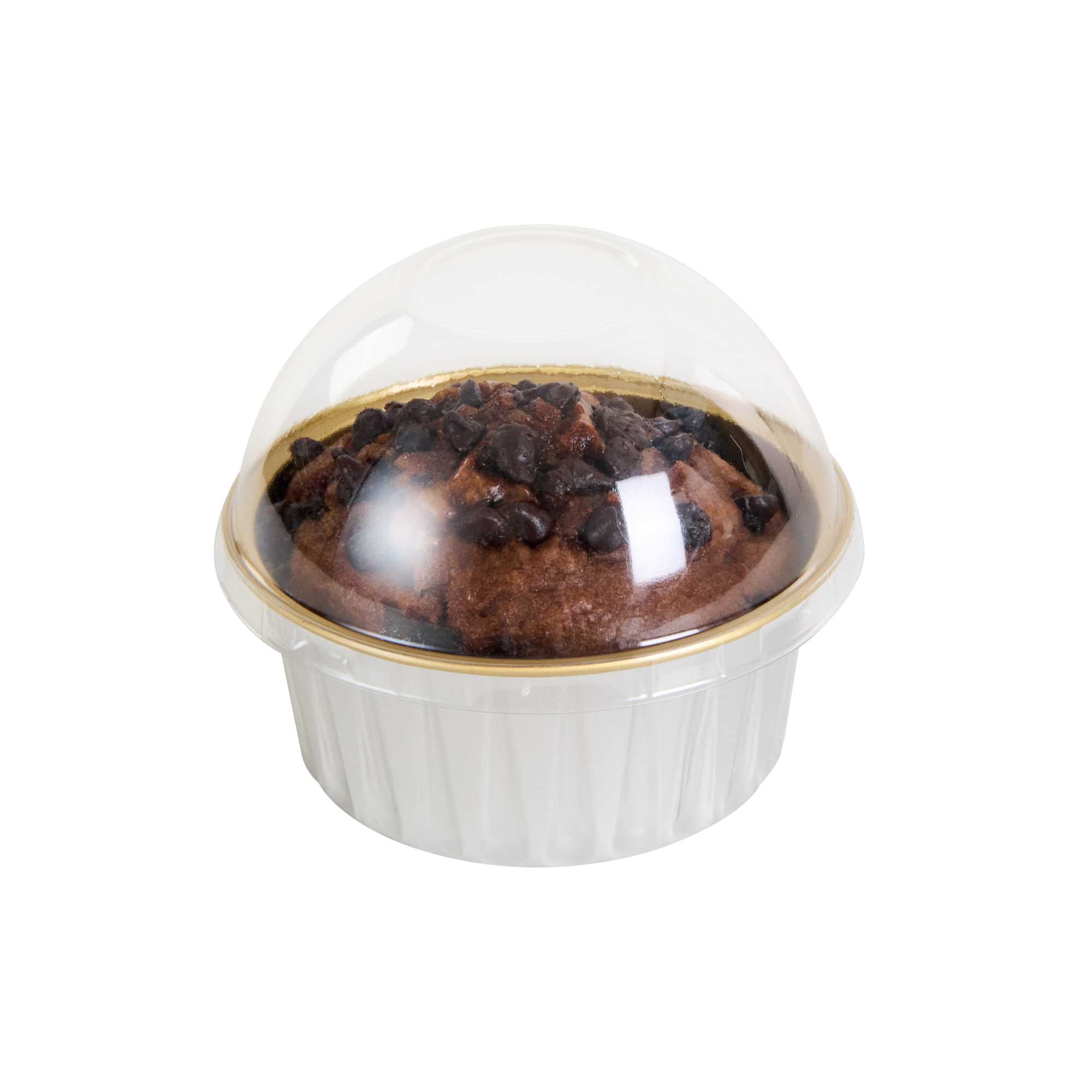 Pastry Tek 4 oz Round Silver Aluminum Baking Cup - Inner Gold, with Plastic Dome Lid - 3 1/4" x 3 1/4" x 1 1/2" - 100 count box