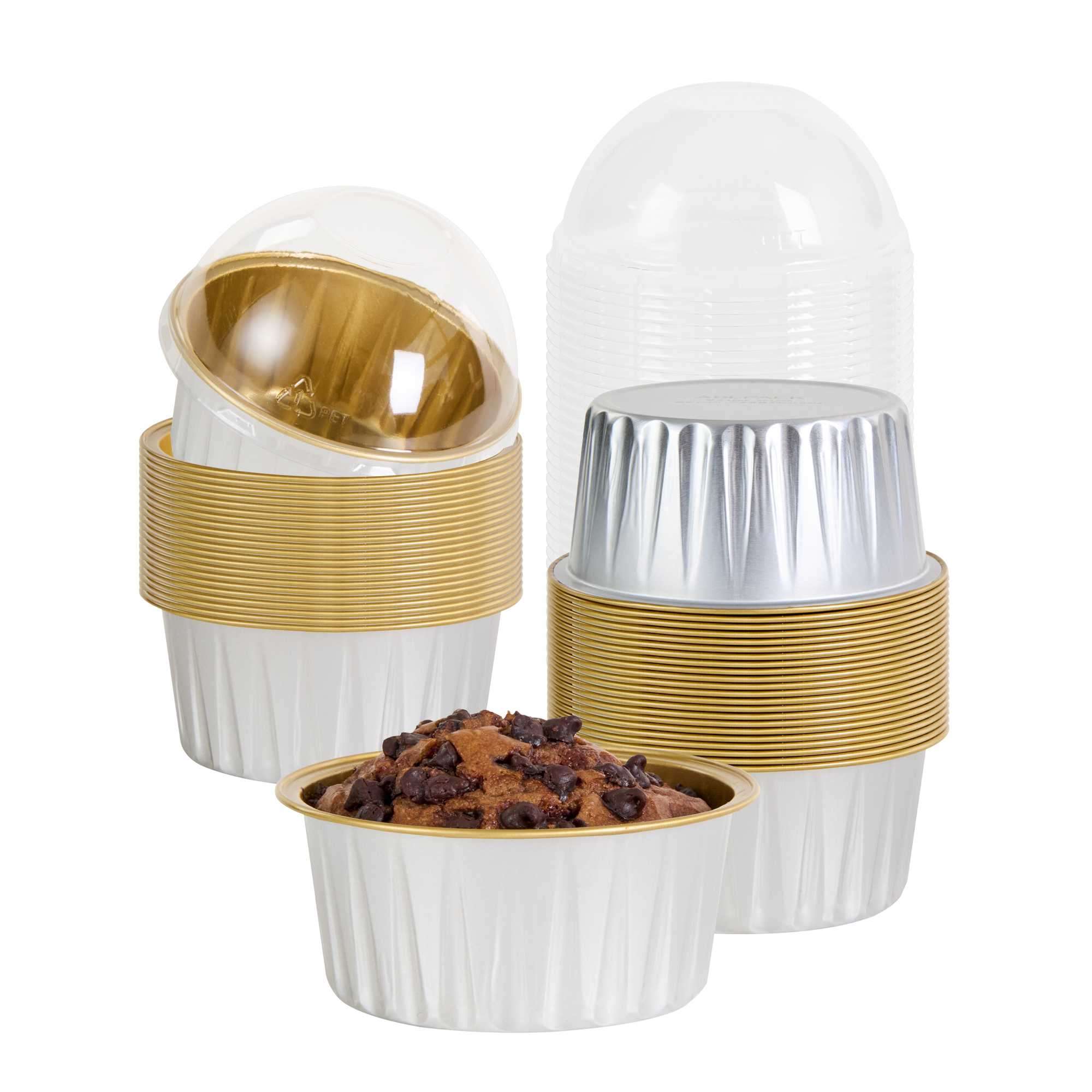 Pastry Tek 4 oz Round Silver Aluminum Baking Cup - Inner Gold, with Plastic Dome Lid - 3 1/4" x 3 1/4" x 1 1/2" - 100 count box