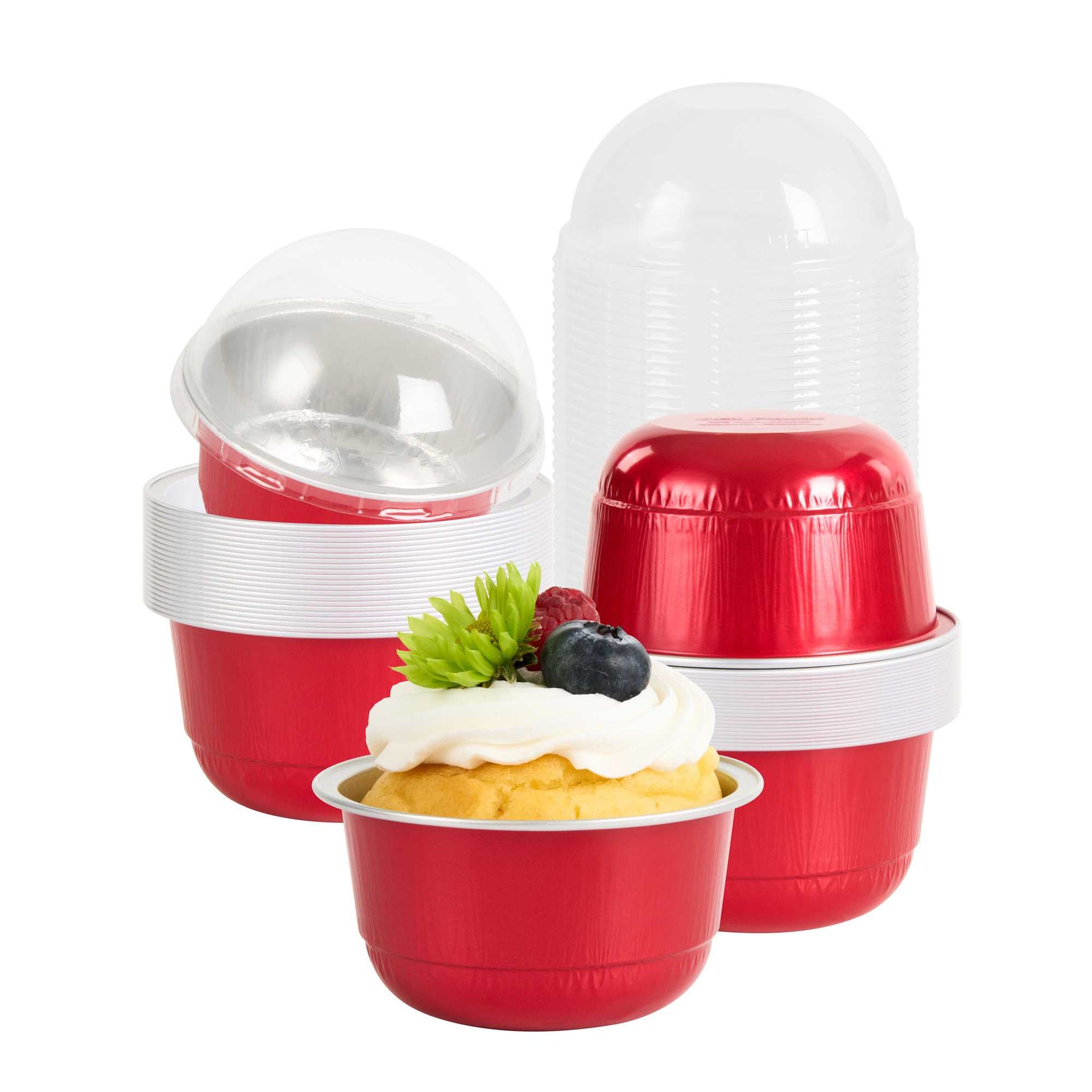 Pastry Tek 5 oz Round Red Aluminum Baking Cup - with Plastic Dome Lid - 3 1/4" x 3 1/4" x 1 3/4" - 100 count box