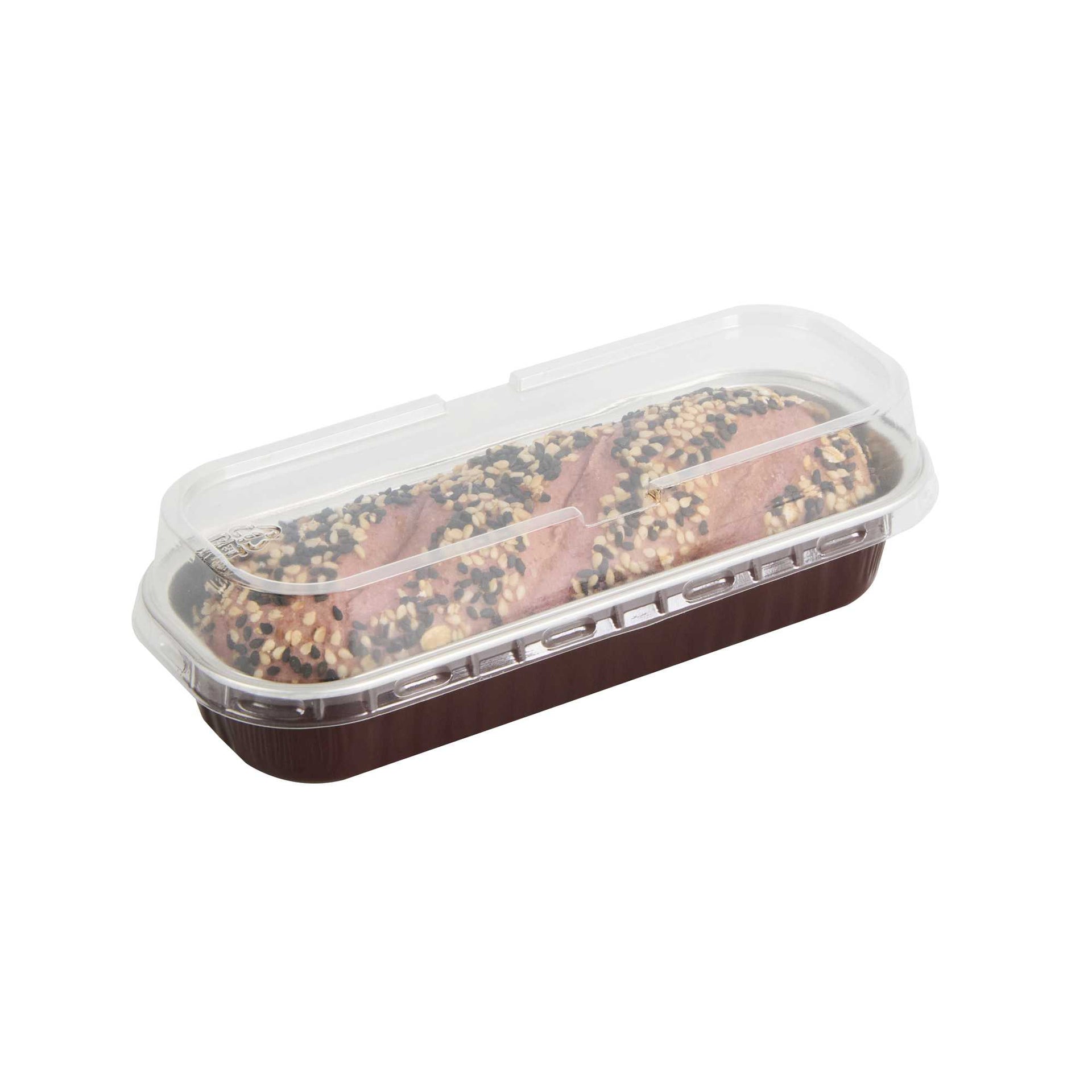 Pastry Tek 7 oz Rectangle Coffee Aluminum Baking Loaf Pan - with Plastic Dome Lid - 6 1/2" x 2 1/2" x 1 1/4" - 100 count box
