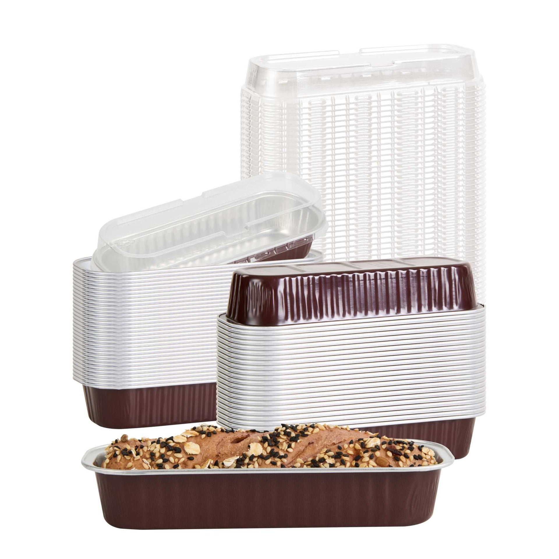 Pastry Tek 7 oz Rectangle Coffee Aluminum Baking Loaf Pan - with Plastic Dome Lid - 6 1/2" x 2 1/2" x 1 1/4" - 100 count box