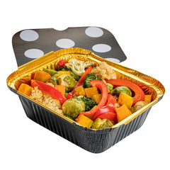 12 oz Rectangle Black and Gold Aluminum Take Out Container - with Polka Dot Paper Lid - 5 3/4