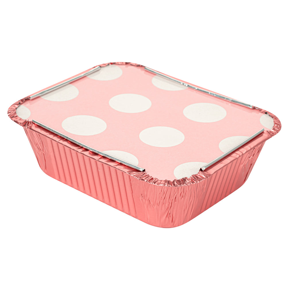 Foil Lux 12 oz Rectangle Pink Aluminum Take Out Container - with Polka Dot Paper Lid - 5 3/4" x 4 3/4" x 1 3/4" - 200 count box