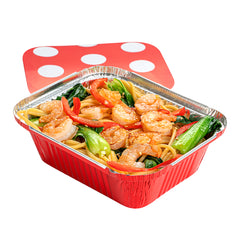 12 oz Rectangle Red Aluminum Take Out Container - with Polka Dot Paper Lid - 5 3/4