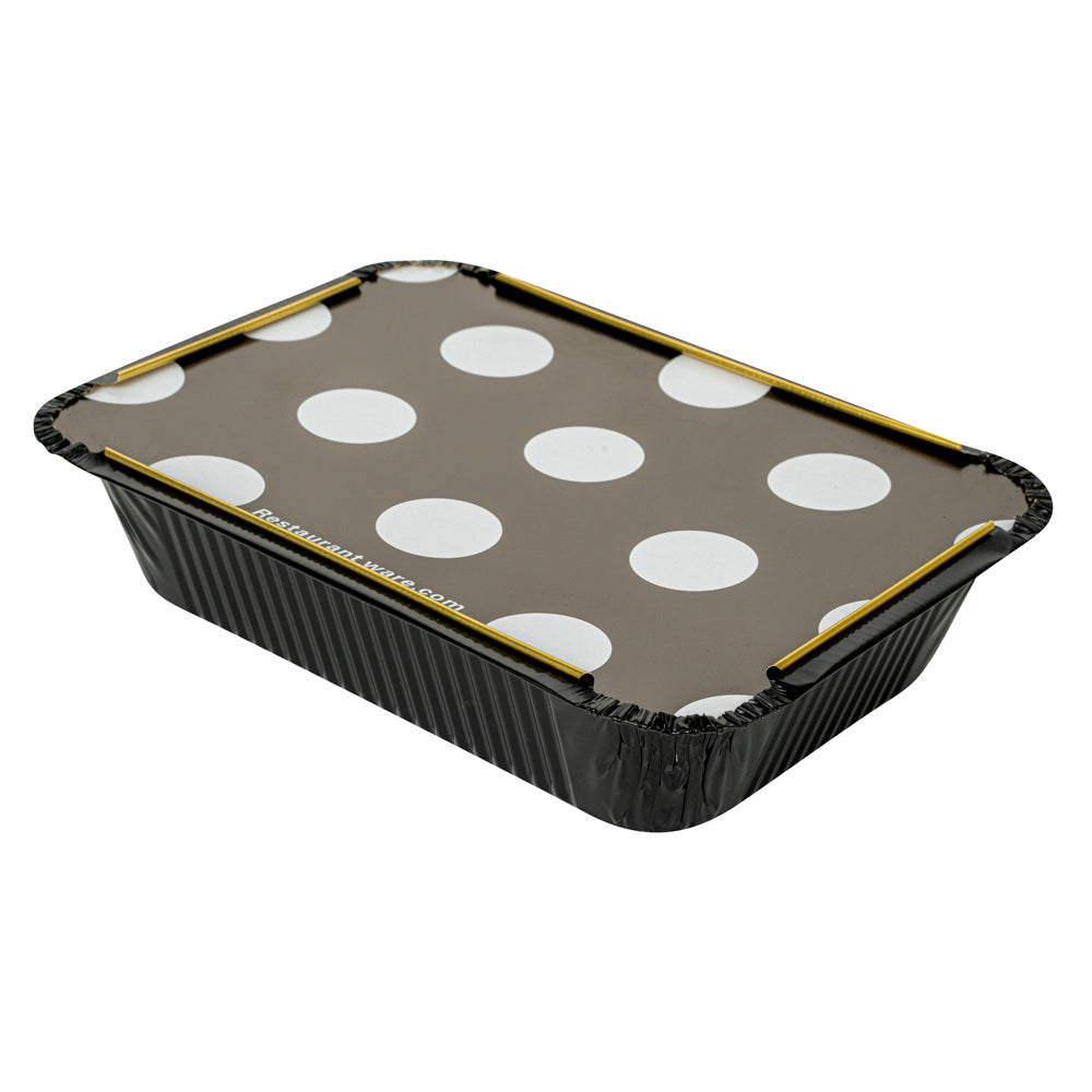 Foil Lux 16 oz Rectangle Black and Gold Aluminum Take Out Container - with Polka Dot Paper Lid - 7 1/4" x 5 1/4" x 2" - 200 count box