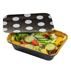 16 oz Rectangle Black and Gold Aluminum Take Out Container - with Polka Dot Paper Lid - 7 1/4