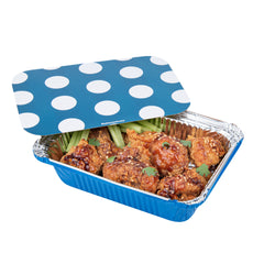 16 oz Rectangle Blue Aluminum Take Out Container - with Polka Dot Paper Lid - 7 1/4