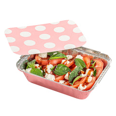 Foil Lux 16 oz Rectangle Pink Aluminum Take Out Container - Polka Dot Paper Lid - 7 1/4