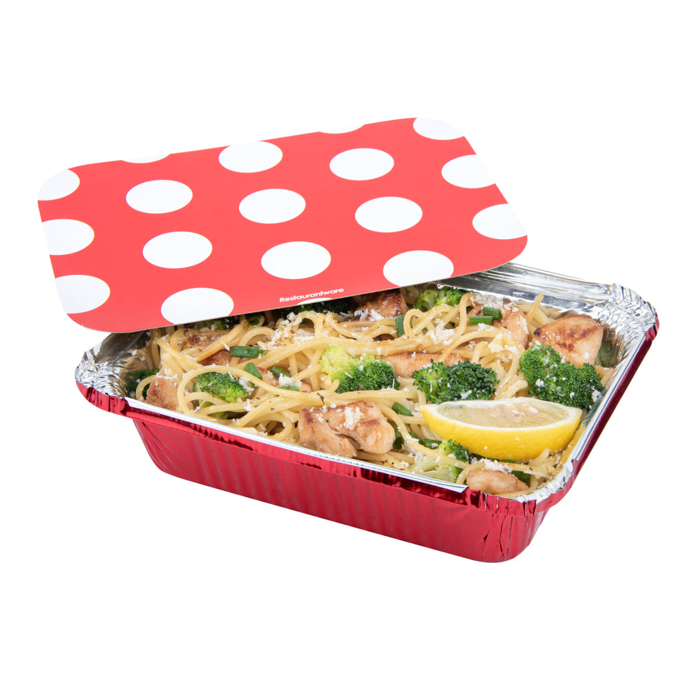 Foil Lux 16 oz Rectangle Red Aluminum Take Out Container - with Polka Dot Paper Lid - 7 1/4" x 5 1/4" x 2" - 200 count box