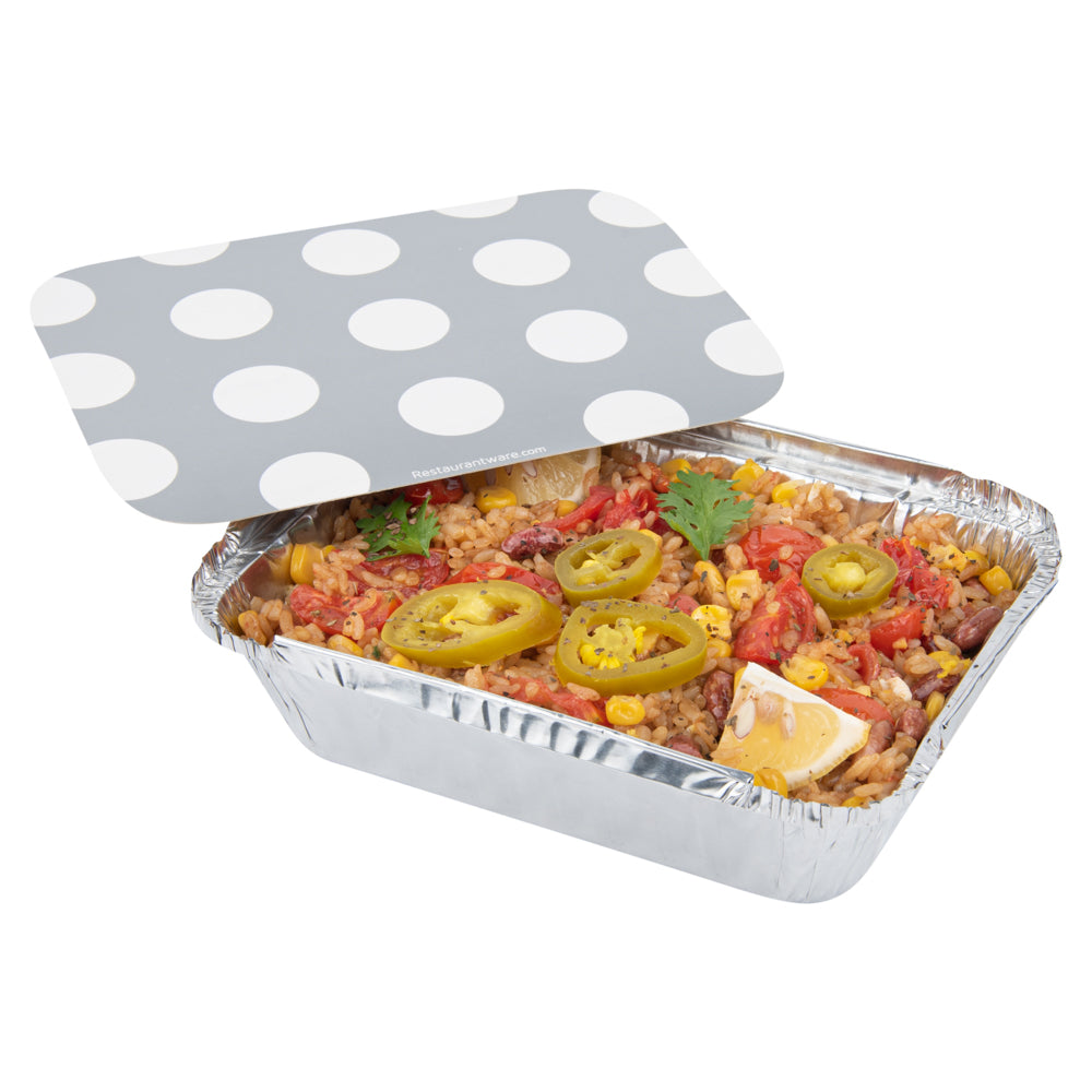 Foil Lux 16 oz Rectangle Silver Aluminum Take Out Container - with Polka Dot Paper Lid - 7 1/4" x 5 1/4" x 2" - 200 count box
