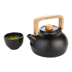 Tetsubin 30 oz Black Cast Iron Osaka Teapot - Wooden Handle and Knob - 7 1/2