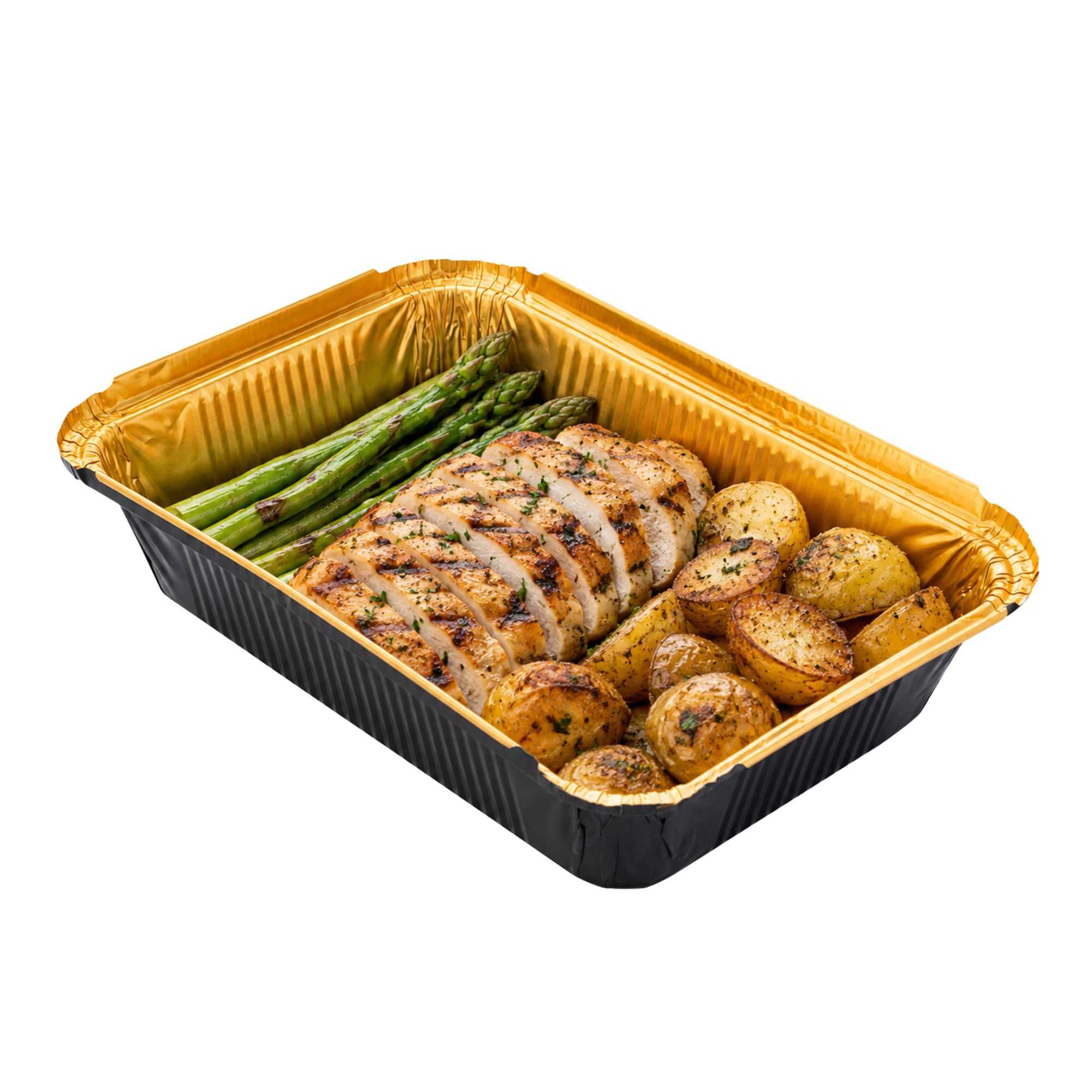 Foil Lux 41 oz Rectangle Black and Gold Aluminum Container - 8 3/4" x 6" x 2 1/4" - 200 count box