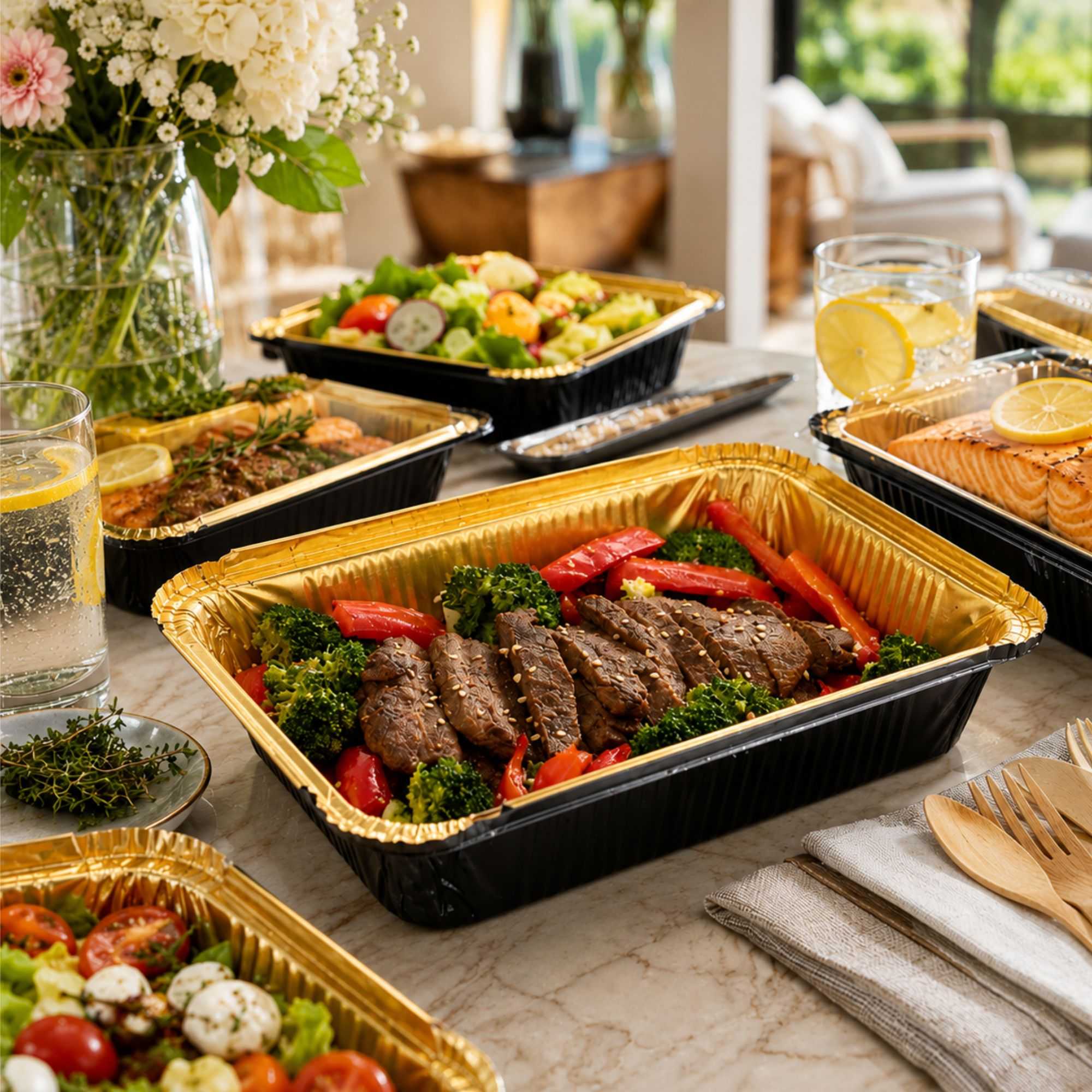 Foil Lux 41 oz Rectangle Black and Gold Aluminum Container - 8 3/4" x 6" x 2 1/4" - 200 count box