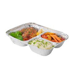 Foil Lux 23 oz Rectangle Silver Aluminum Take Out Tray - 3-Compartment - 8 1/2