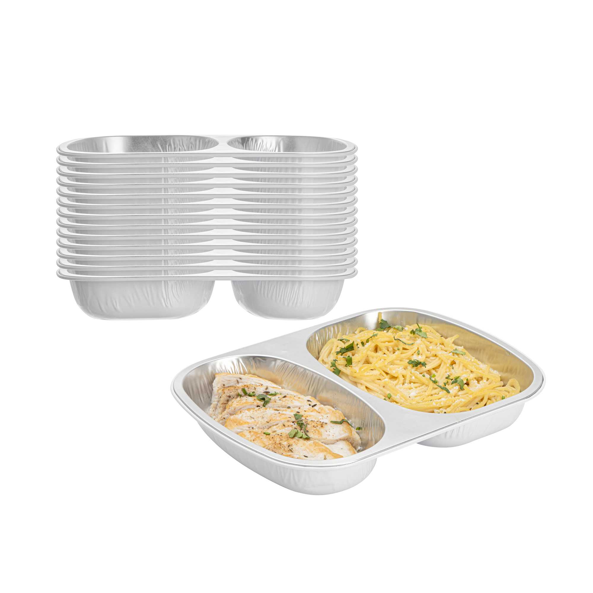 Foil Lux 28 oz Oblong White and Silver Heavy-Duty Foil Take Out Pan - Smoothwall, 2-Compartment - 100 count box
