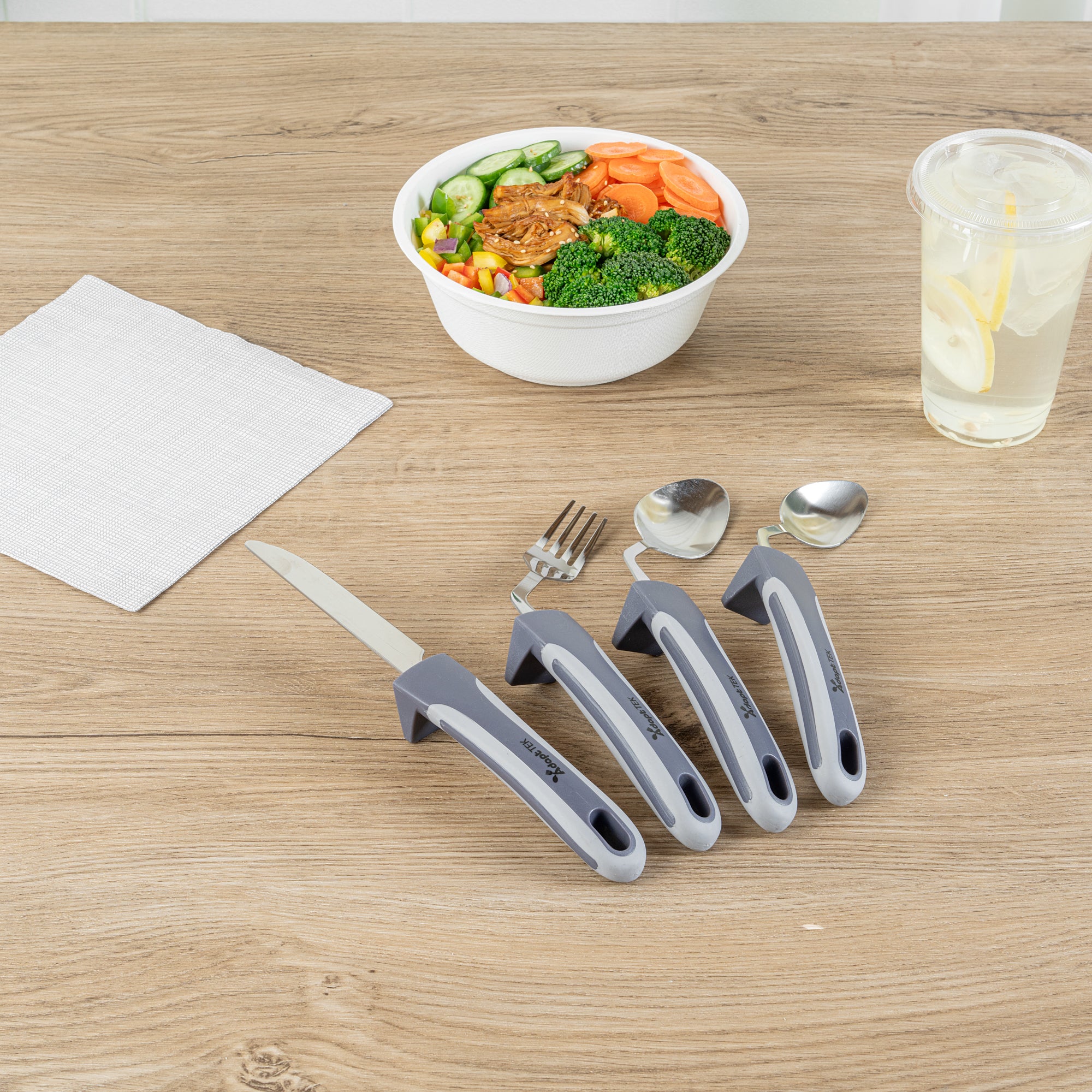 Adapt Tek Gray Stainless Steel 4-Piece Adaptive Offset Utensil Set - Left Hand, Lightweight, Non-Slip - 1 count box