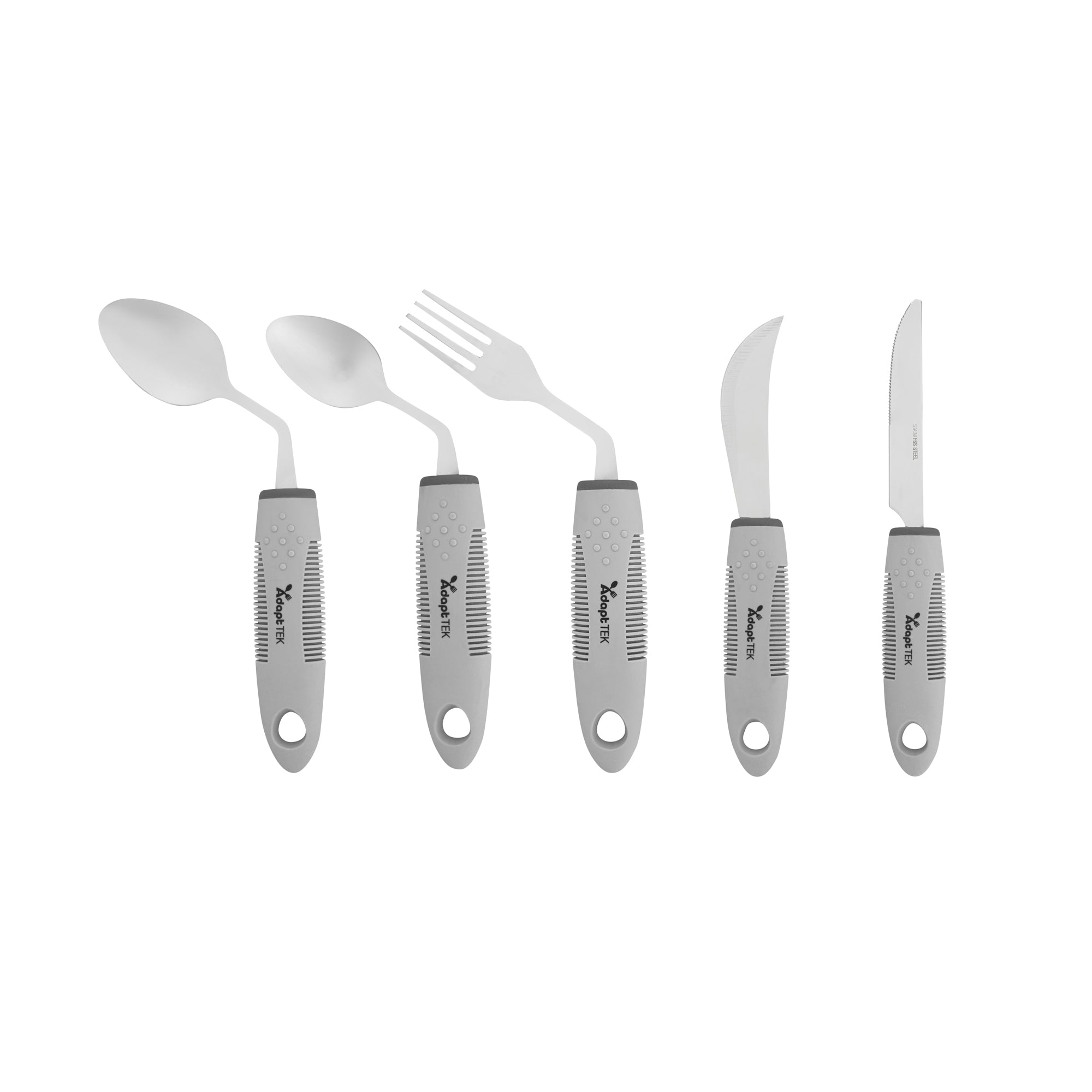 Adapt Tek Gray Stainless Steel 5-Piece Adaptive Offset Utensil Set - Right Hand, Lightweight, Non-Slip - 1 count box