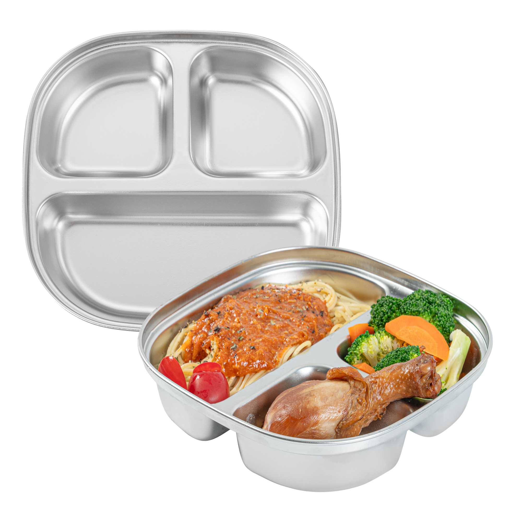 Met Lux Ambidextrous Square Stainless Steel Tray - 3 Compartments - 7 3/4" x 7 3/4" x 1 3/4" - 20 count box