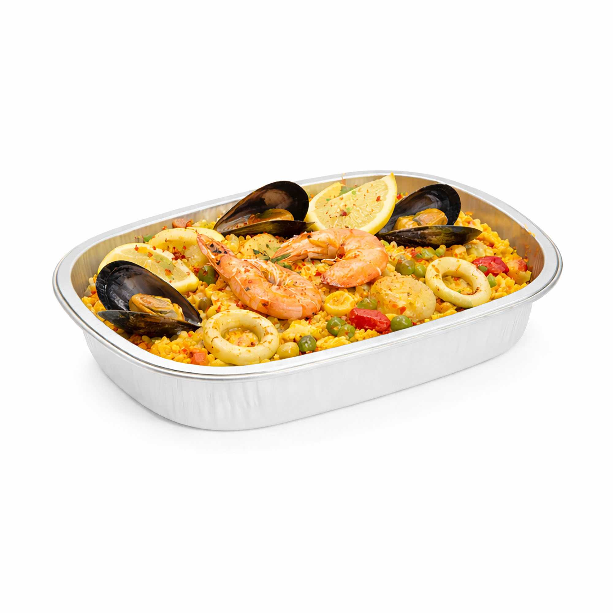 Foil Lux 25 oz Oblong White and Silver Heavy-Duty Foil Entree / Take Out Pan - Smoothwall - 100 count box