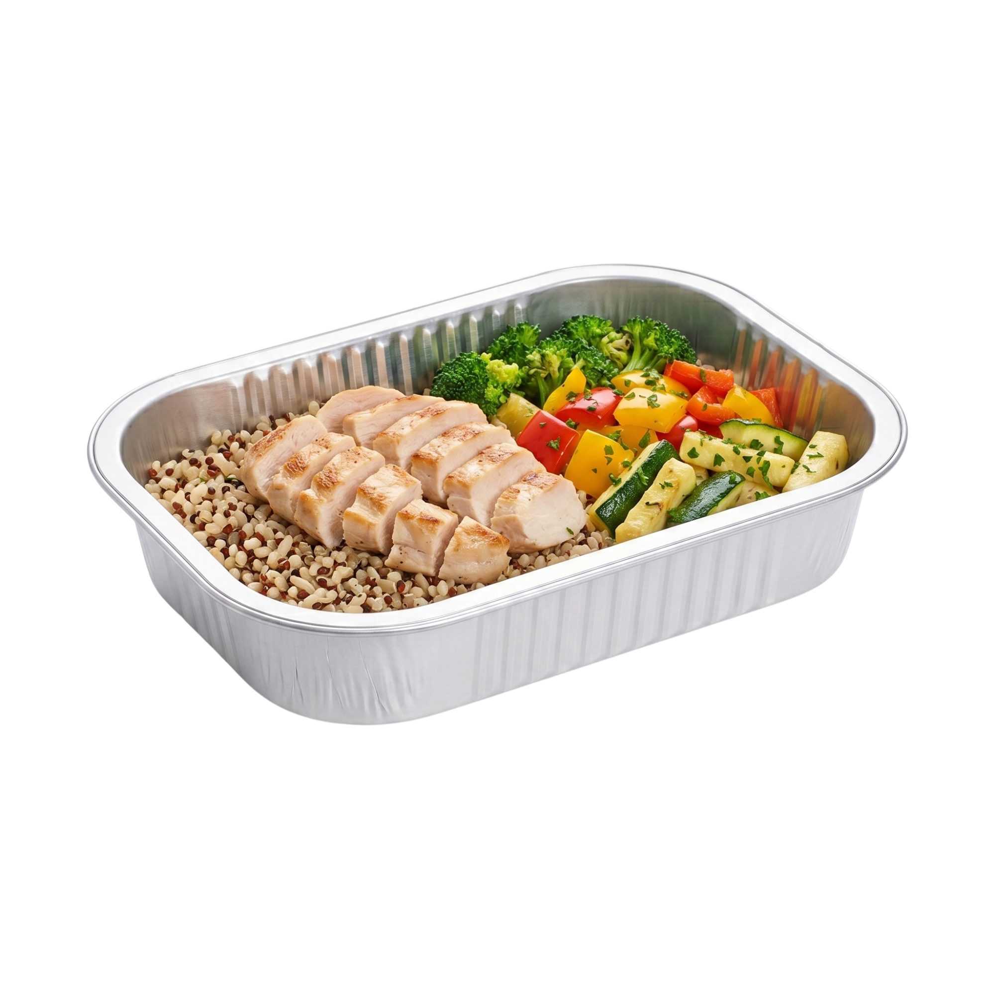 Foil Lux 14 oz Oblong White and Silver Heavy-Duty Foil Entree / Take Out Pan - Smoothwall - 100 count box