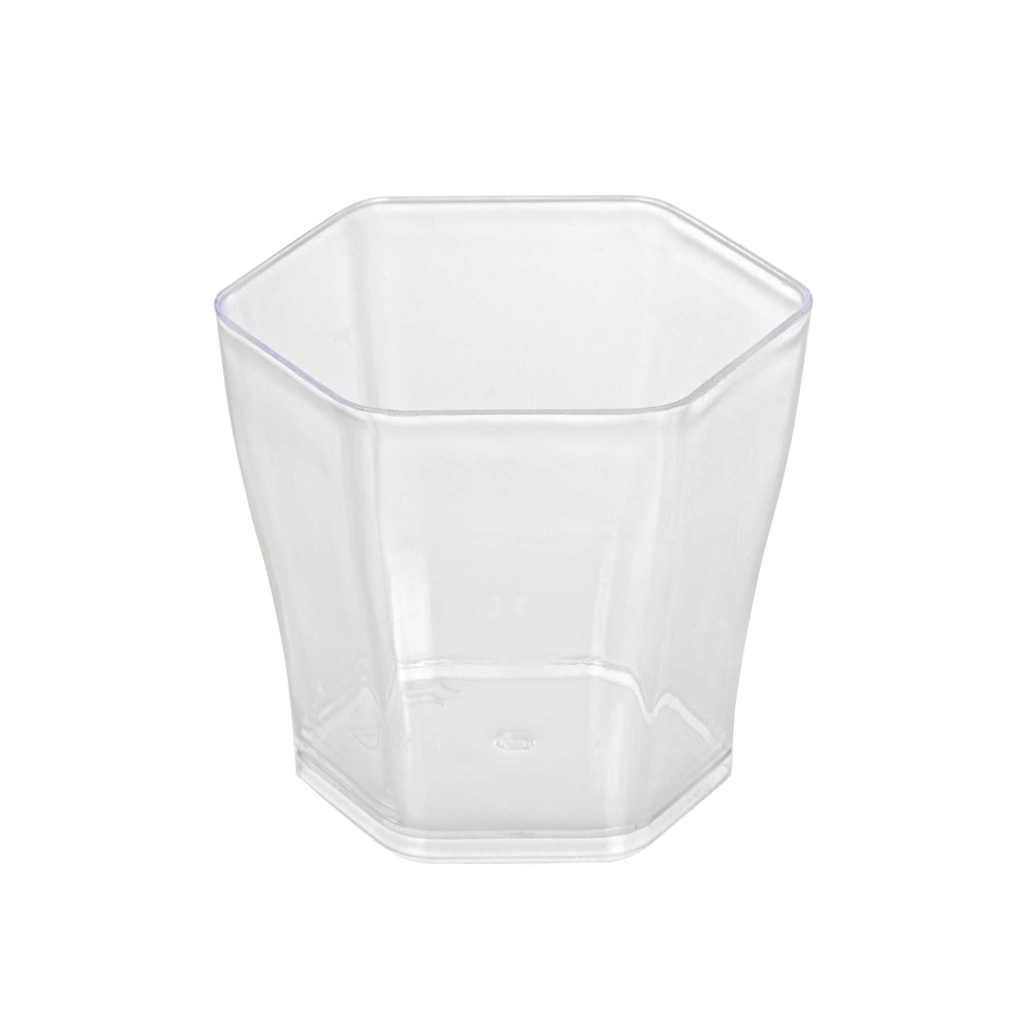 2 oz Hexagon Clear Plastic Glass - 1 3/4" x 1 3/4" x 1 3/4" - 20 count box