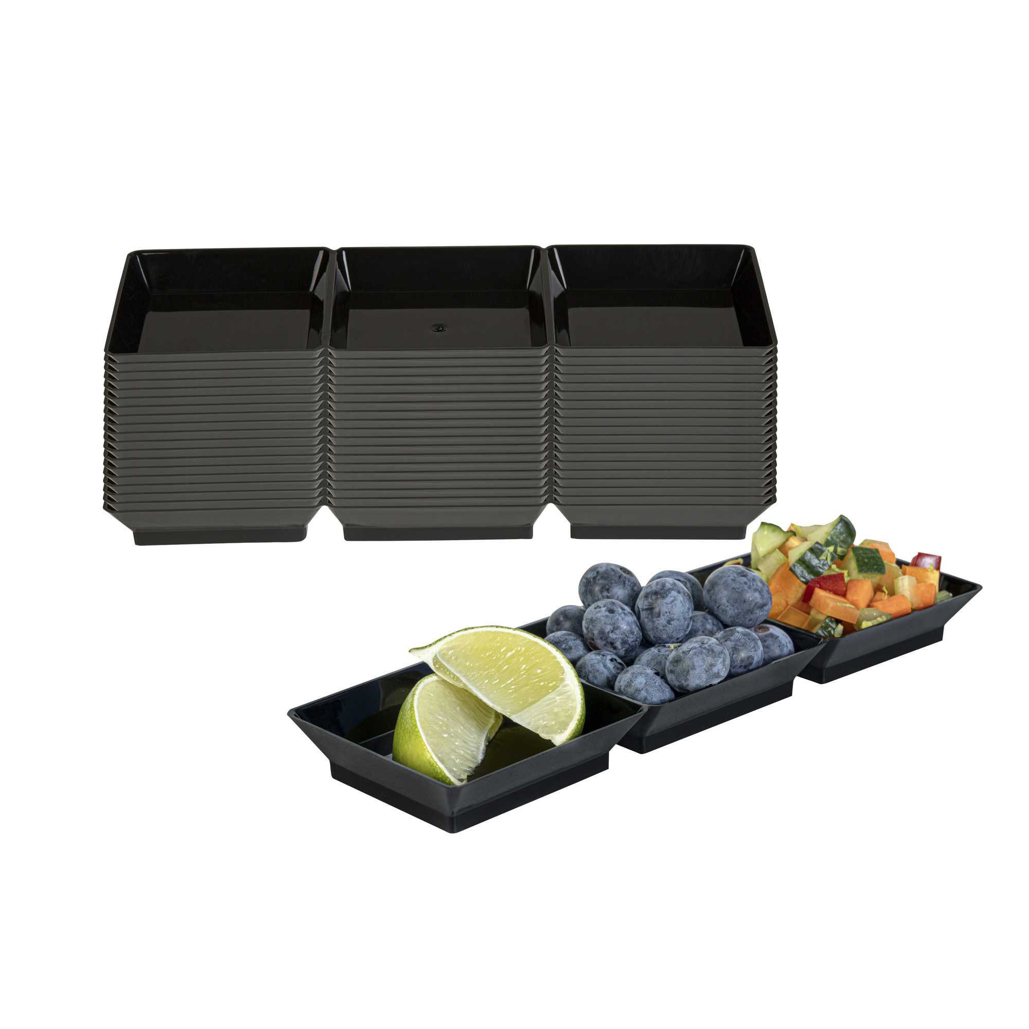 Mini Serve Rectangle Black Plastic Terzetto Mini Plate - 3 Compartments - 7 1/2" x 2 1/2" x 1/2" - 100 count box