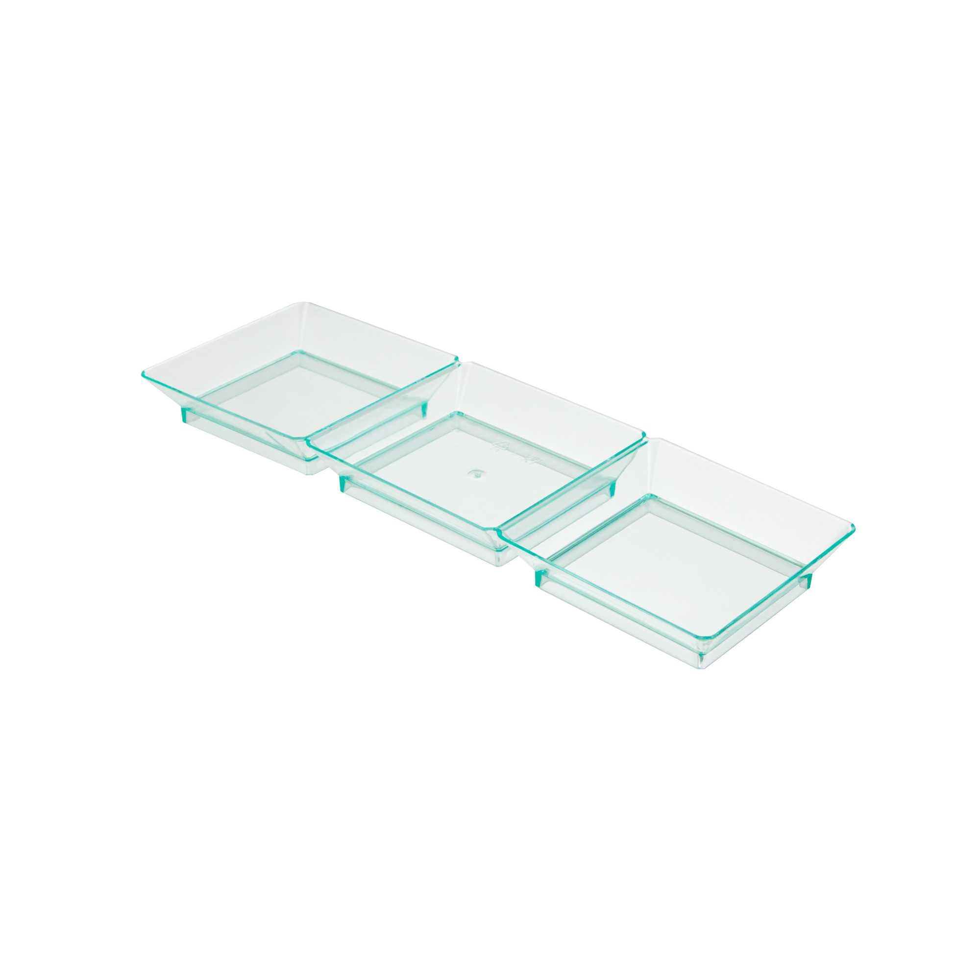 Mini Serve Rectangle Seagreen Plastic Terzetto Mini Plate - 3 Compartments - 7 1/2" x 2 1/2" x 1/2" - 100 count box