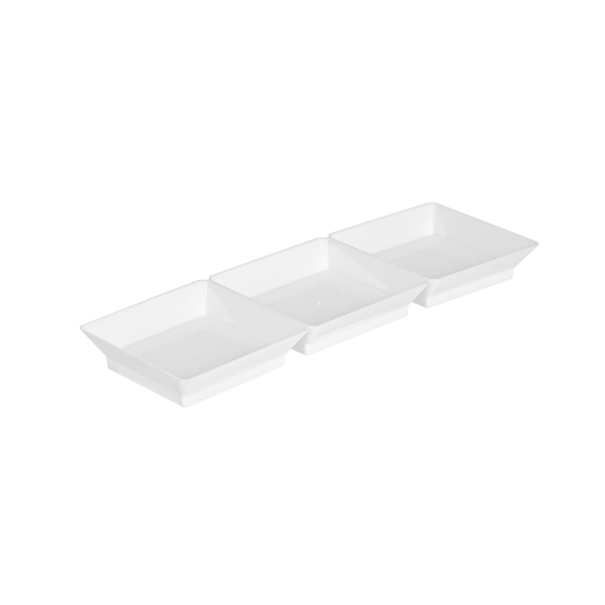 Mini Serve Rectangle White Plastic Terzetto Mini Plate - 3 Compartments - 7 1/2" x 2 1/2" x 1/2" - 20 count box
