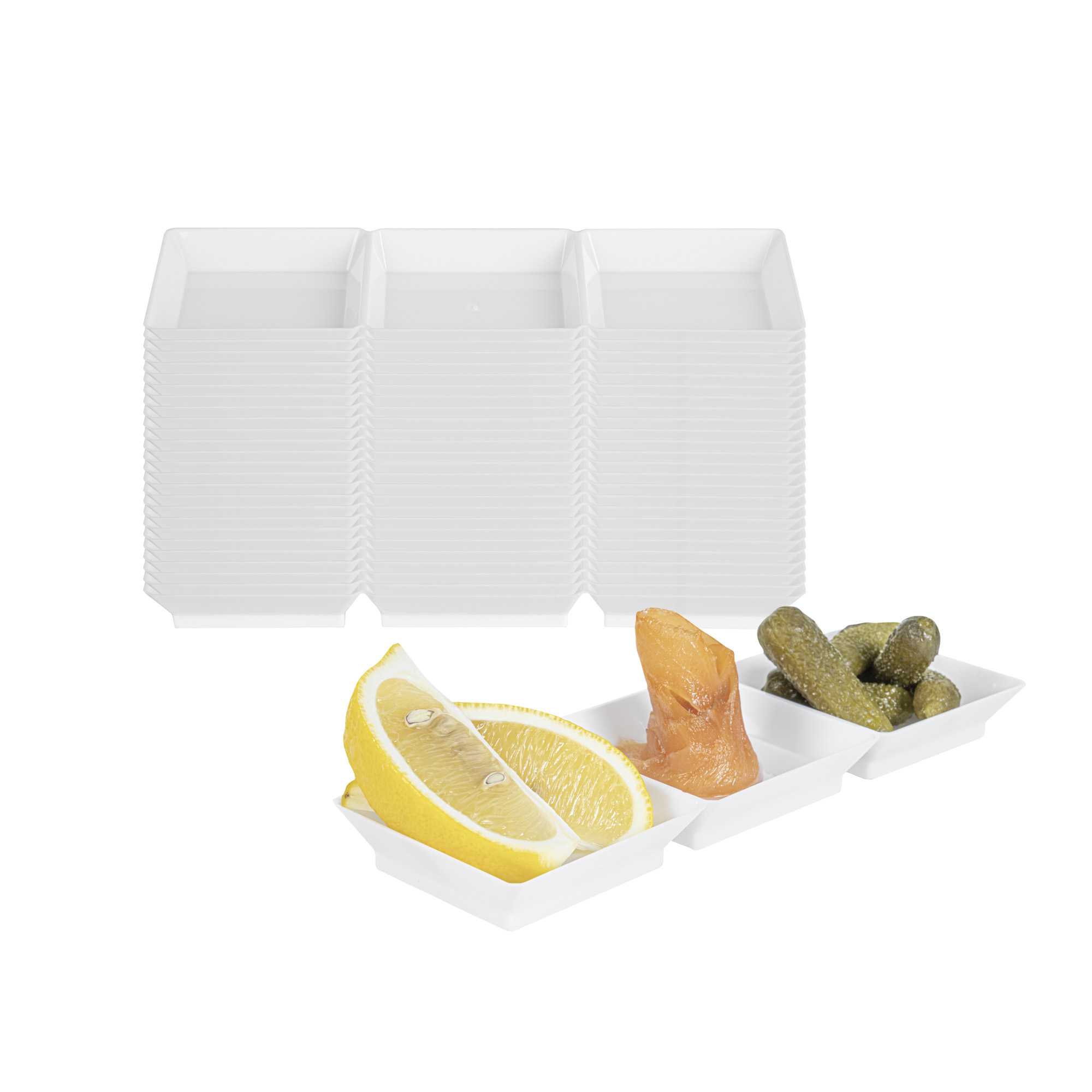 Mini Serve Rectangle White Plastic Terzetto Mini Plate - 3 Compartments - 7 1/2" x 2 1/2" x 1/2" - 20 count box