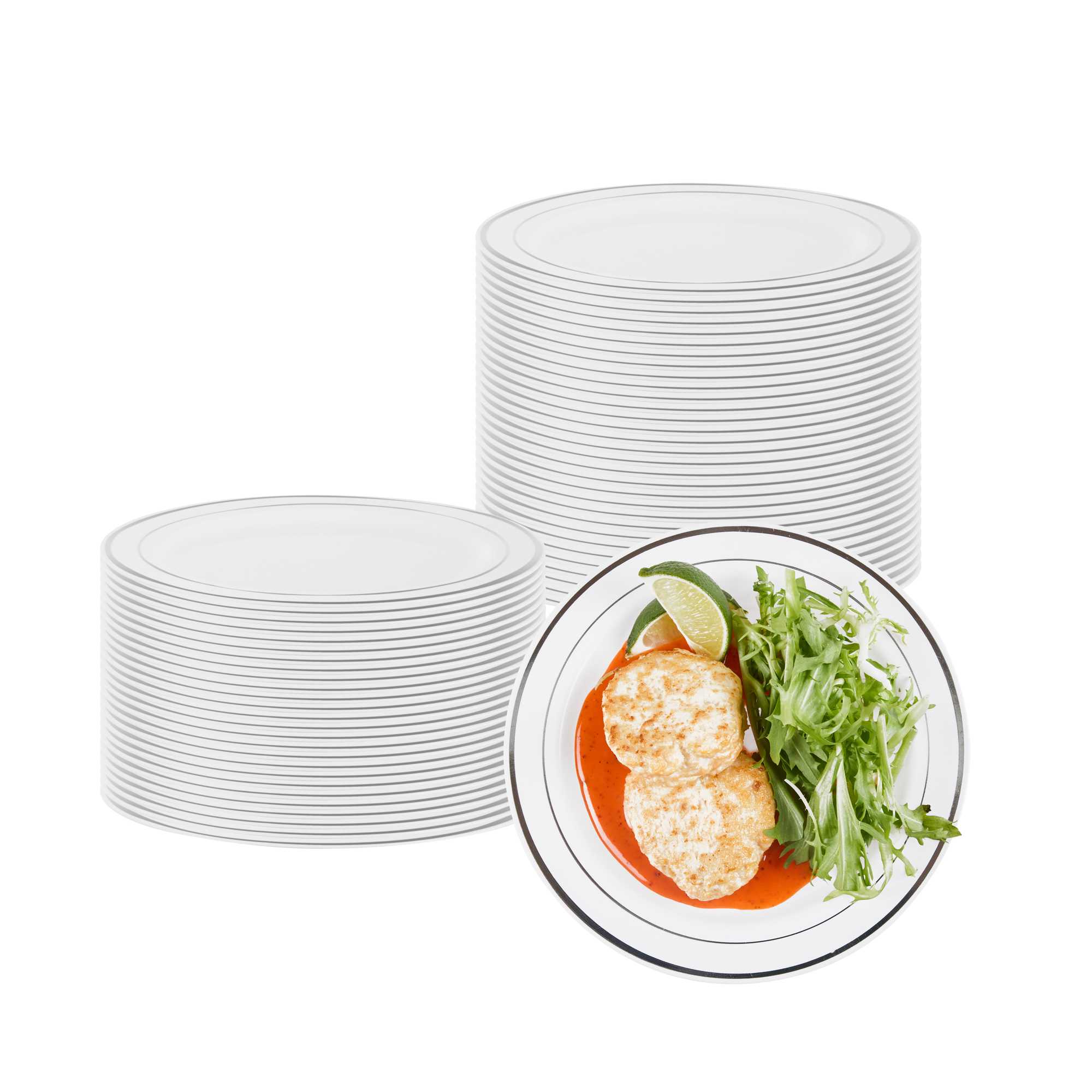 Round White Plastic Silver-Rimmed Plate - 7 1/2" x 7 1/2" x 1/2" - 20 count box