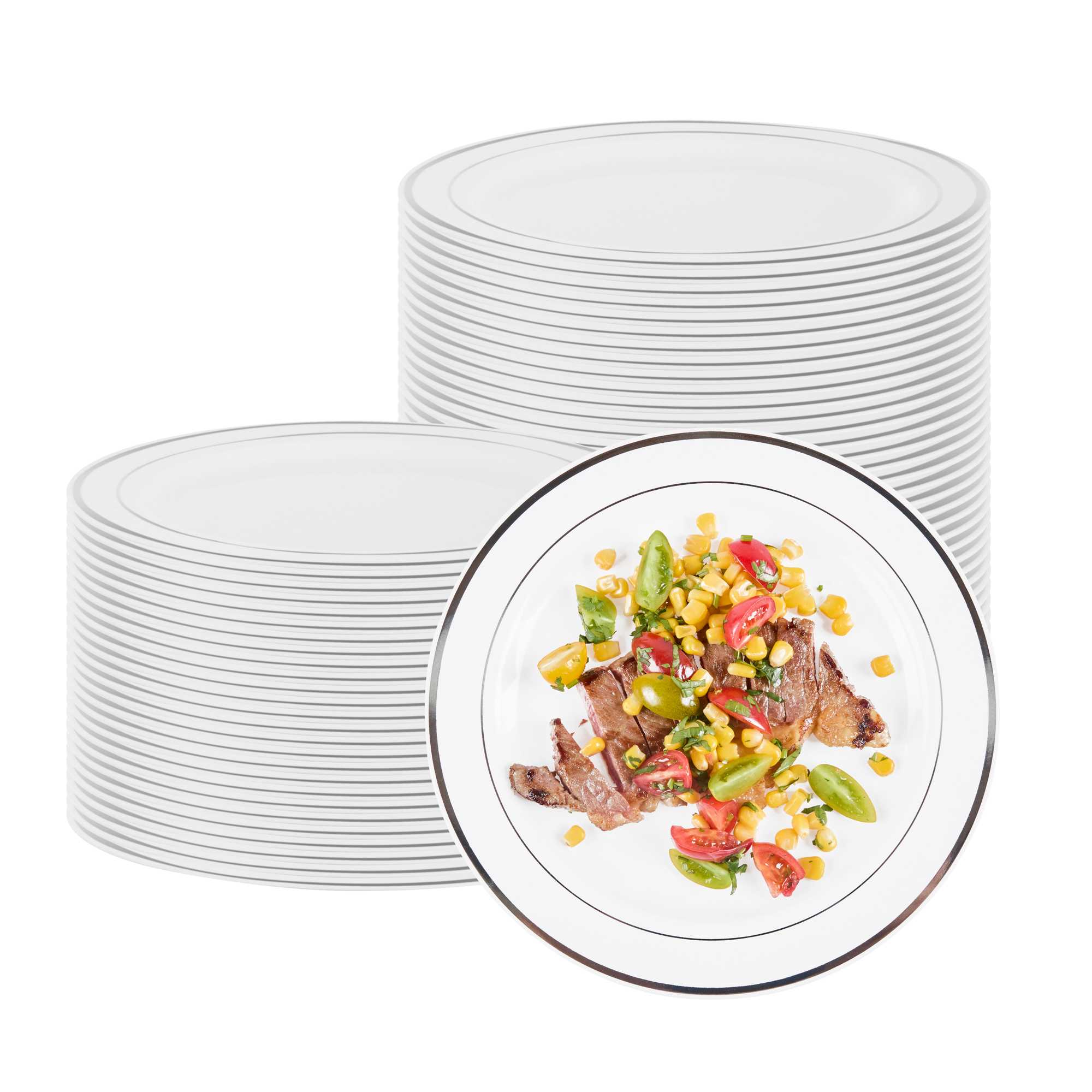 Round White Plastic Silver-Rimmed Plate - 10 1/2" x 10 1/2" x 1/2" - 20 count box