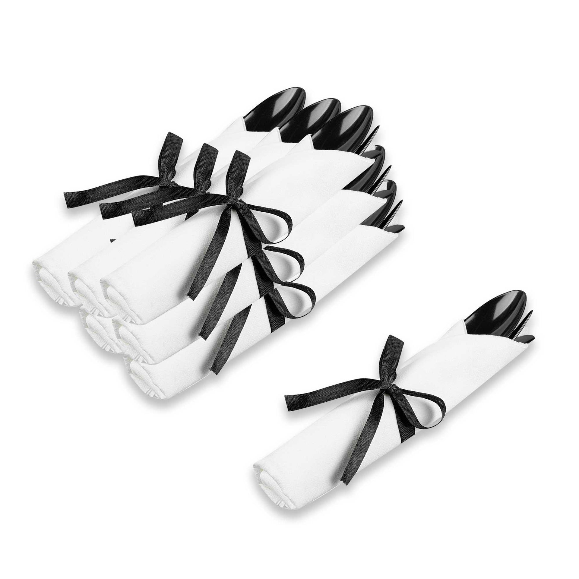 Moderna Black Plastic Cutlery Set - with White Napkin, Black Ribbon - 7 1/4" x 2" x 1 3/4" - 100 count box