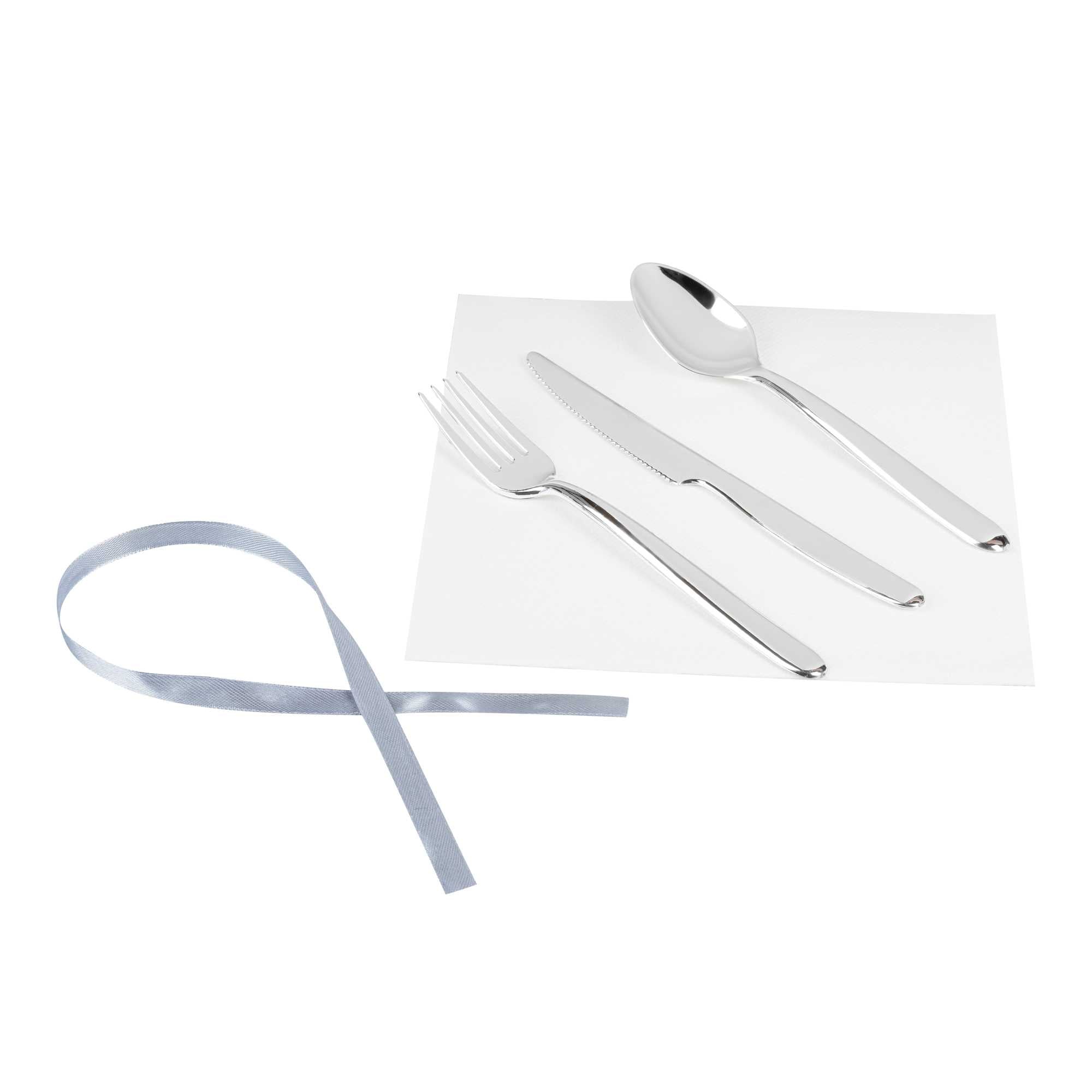 Moderna Silver Plastic Cutlery Set - with White Napkin, Silver Ribbon - 7 1/4" x 2" x 1 3/4" - 100 count box