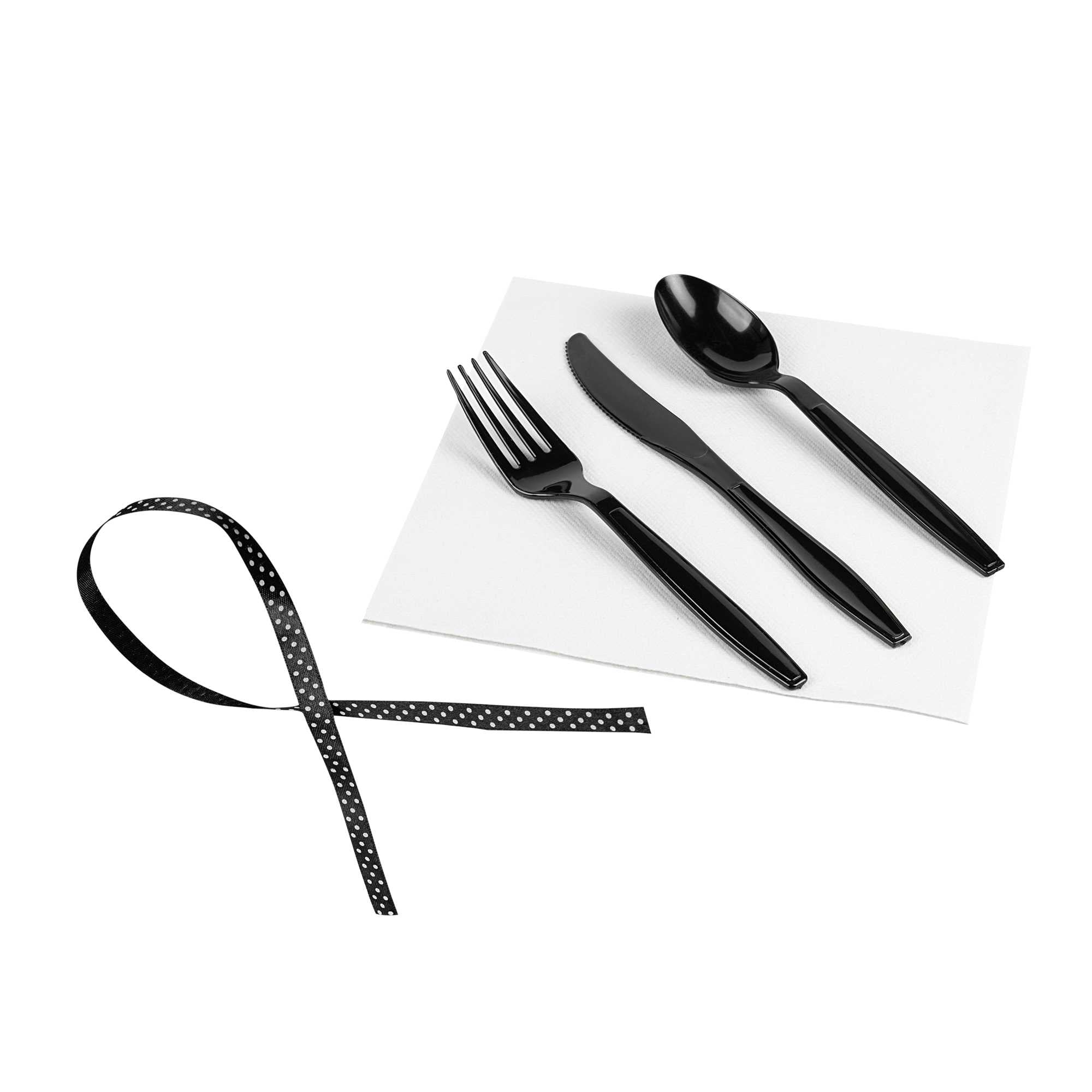 Argento Black Plastic Cutlery Set - with White Napkin, Polka Dot Ribbon - 7 1/4" x 2" x 1 3/4" - 100 count box