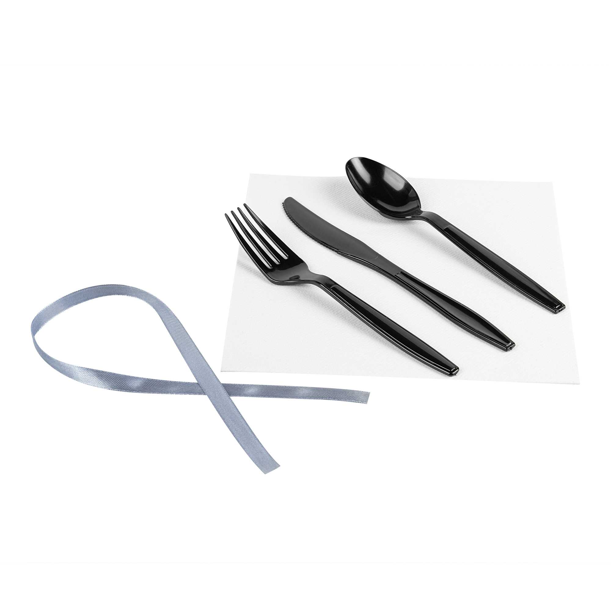 Argento Black Plastic Cutlery Set - with White Napkin, Silver Ribbon - 7 1/4" x 2" x 1 3/4" - 100 count box