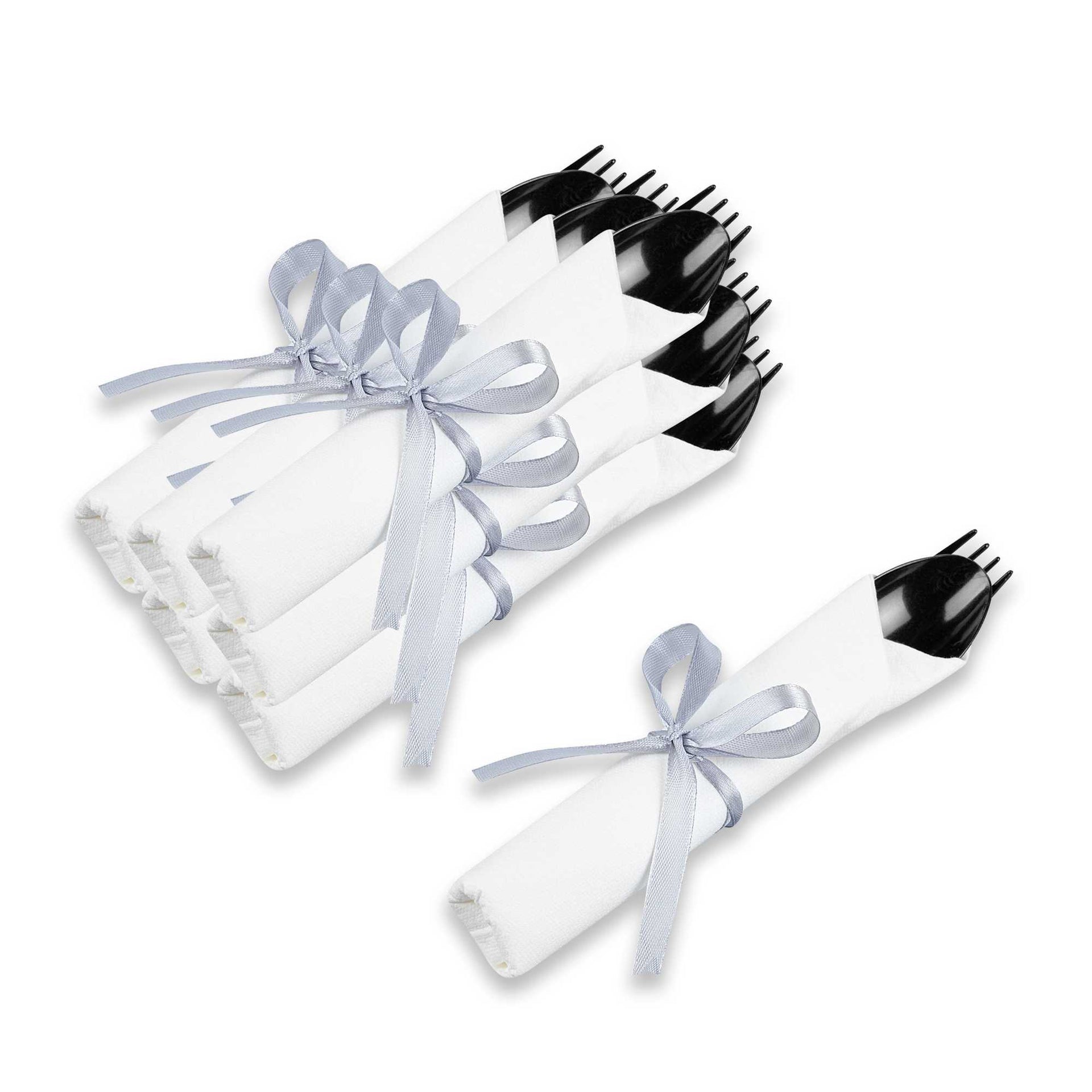 Argento Black Plastic Cutlery Set - with White Napkin, Silver Ribbon - 7 1/4" x 2" x 1 3/4" - 100 count box