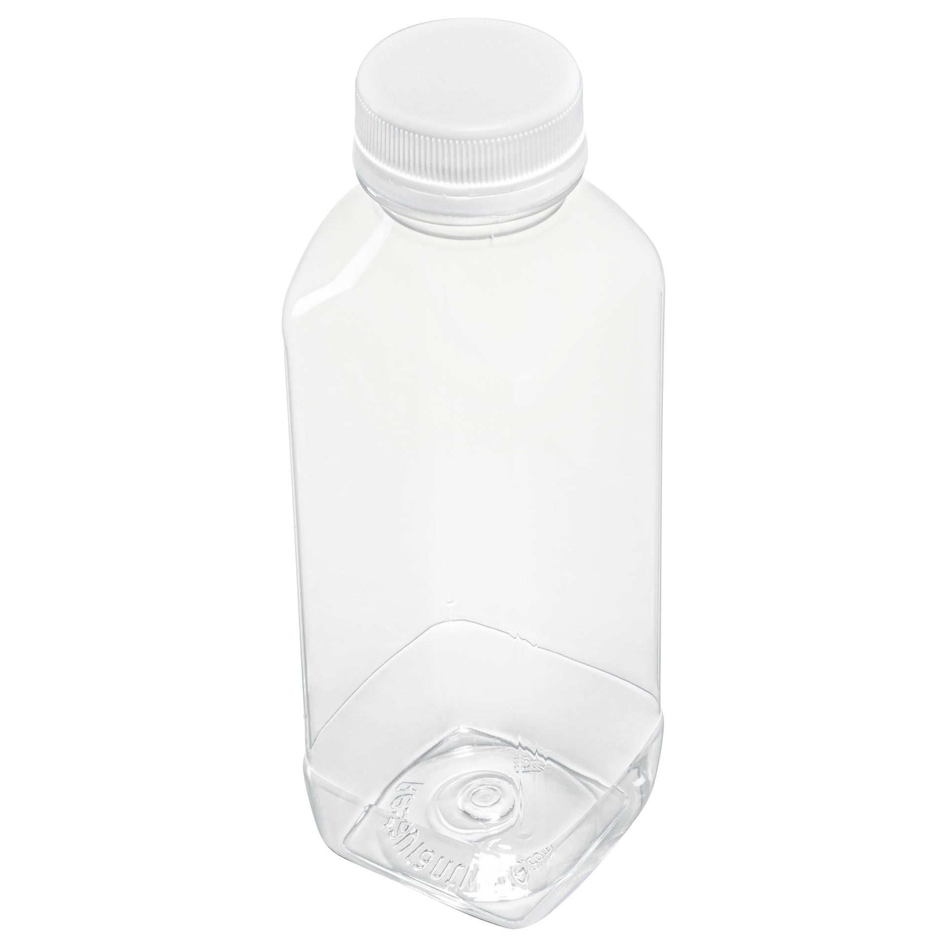 Bottle Tek 16 oz Square Clear Plastic Cold Pressed Juice Bottle - with Safety Cap - 2 1/4" x 2 1/4" x 7" - 100 count box
