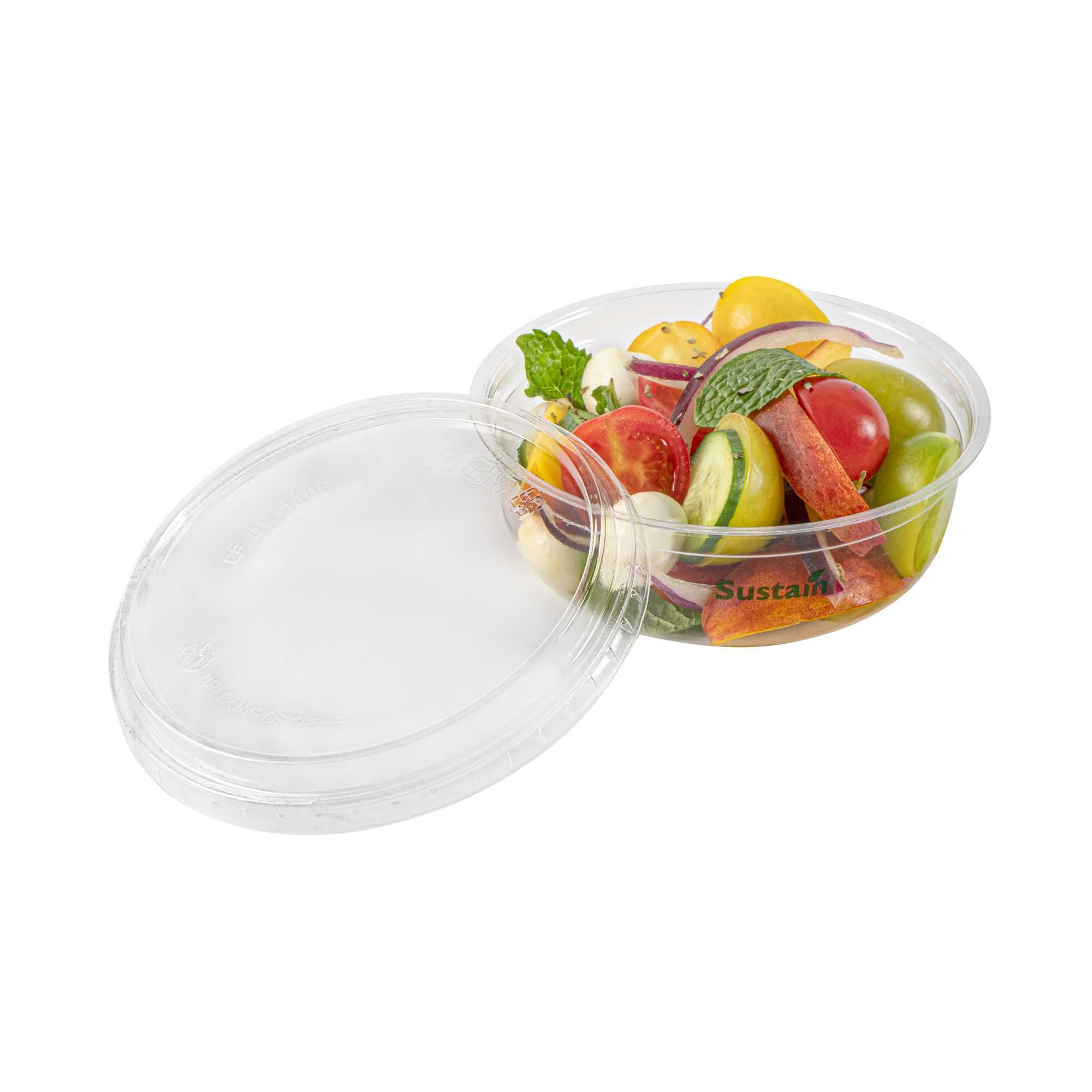 Basic Nature Round Clear Plastic Deli Container Flat Lid - Compostable - 4 1/2" x 4 1/2" x 3/4" - 50 count box