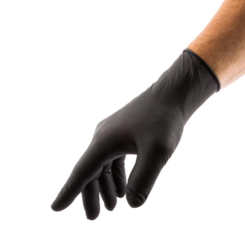 Fashion Serve Black Plastic Medium Nitrile Gloves - Powder Free - 9" x 3 3/4" - 100 count box
