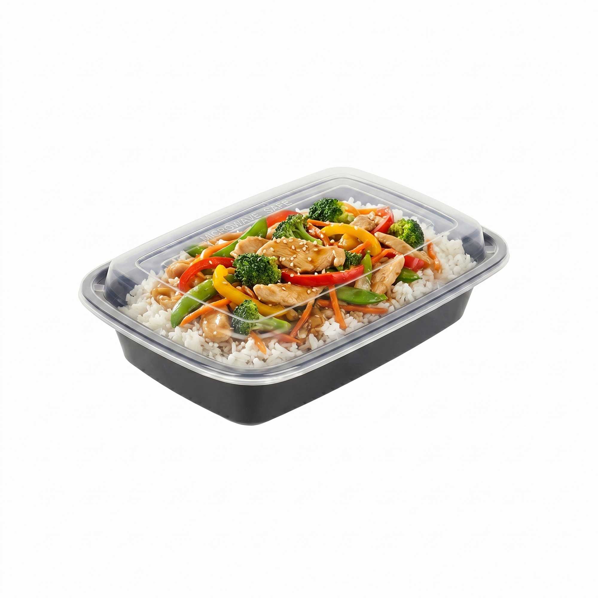 Asporto 24 oz Rectangle Black Plastic To Go Box - with Clear Lid, Microwavable - 8" x 5 1/4" x 1 3/4" - 50 count box