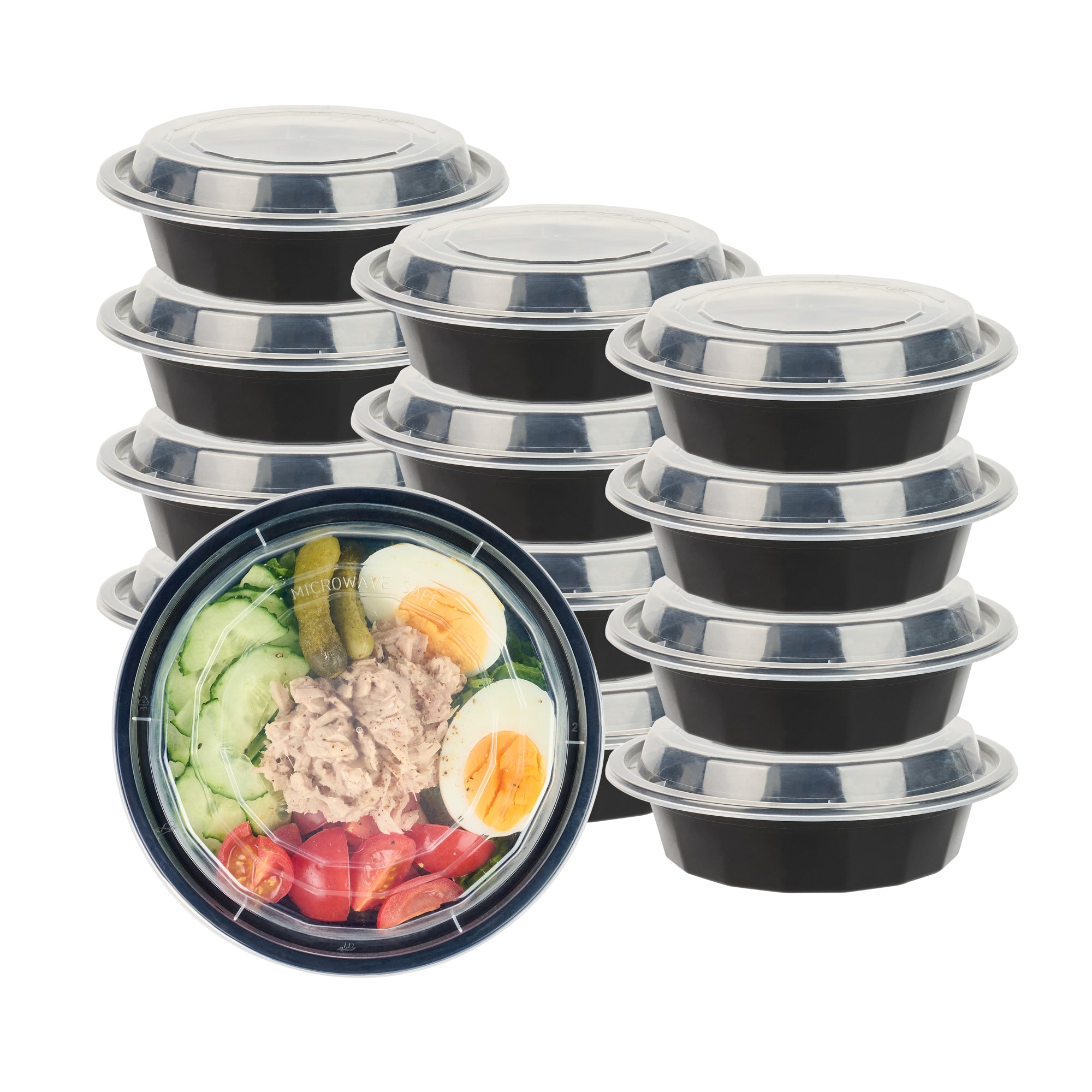 Asporto 16 oz Round Black Plastic To Go Box - with Clear Lid, Microwavable - 6 1/4" x 6 1/4" x 1 3/4" - 50 count box