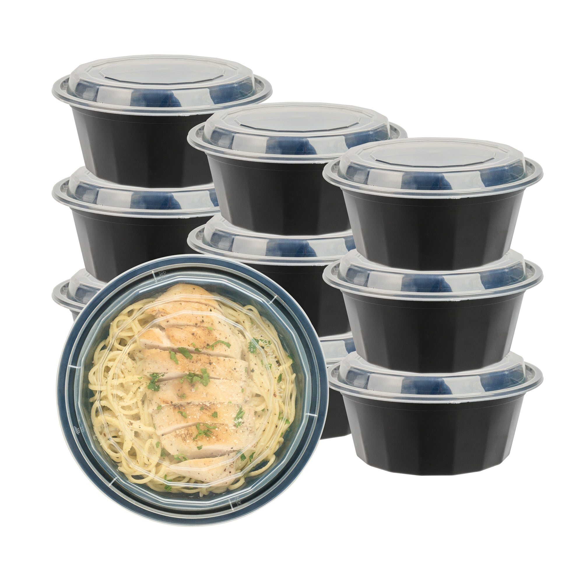 Asporto 32 oz Round Black Plastic To Go Box - with Clear Lid, Microwavable - 7 1/4" x 7 1/4" x 3" - 50 count box