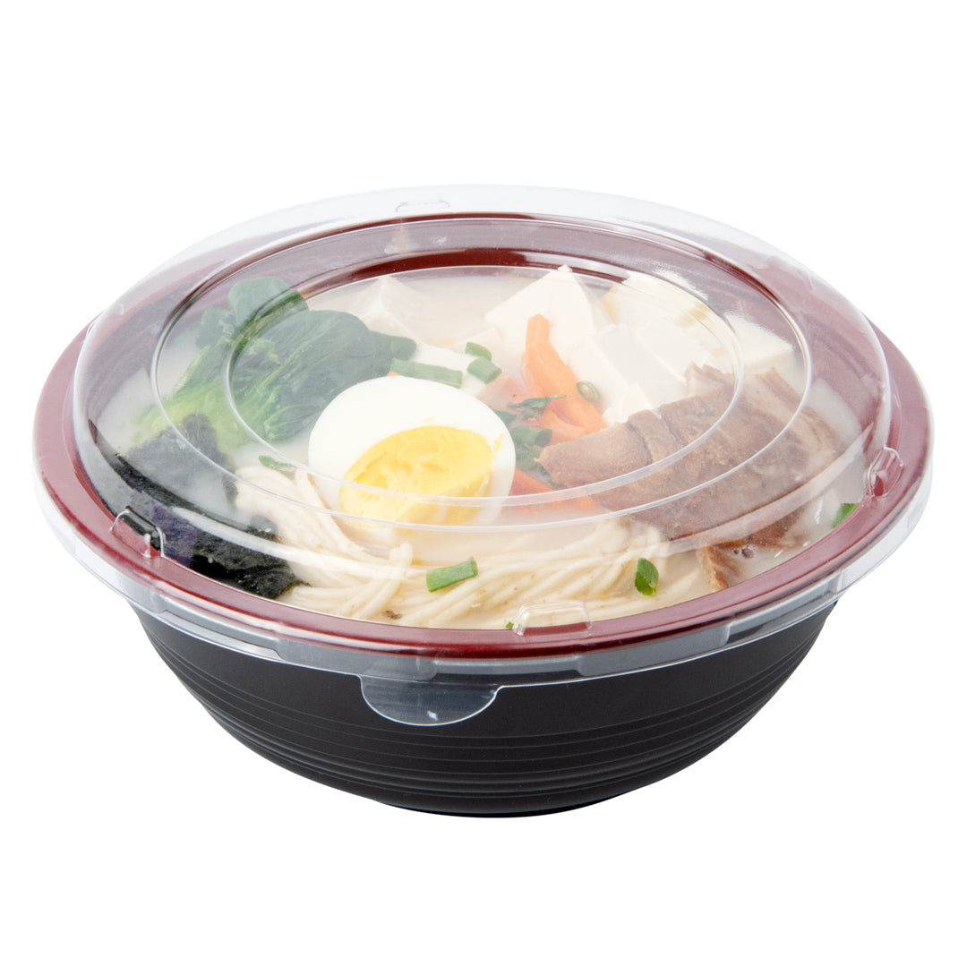Bento Tek 34 oz Round Black and Red Plastic Large Asian Panda Bowl - with Clear Lid, Microwavable - 7 1/4" x 7 1/4" x 2 3/4" - 200 count box