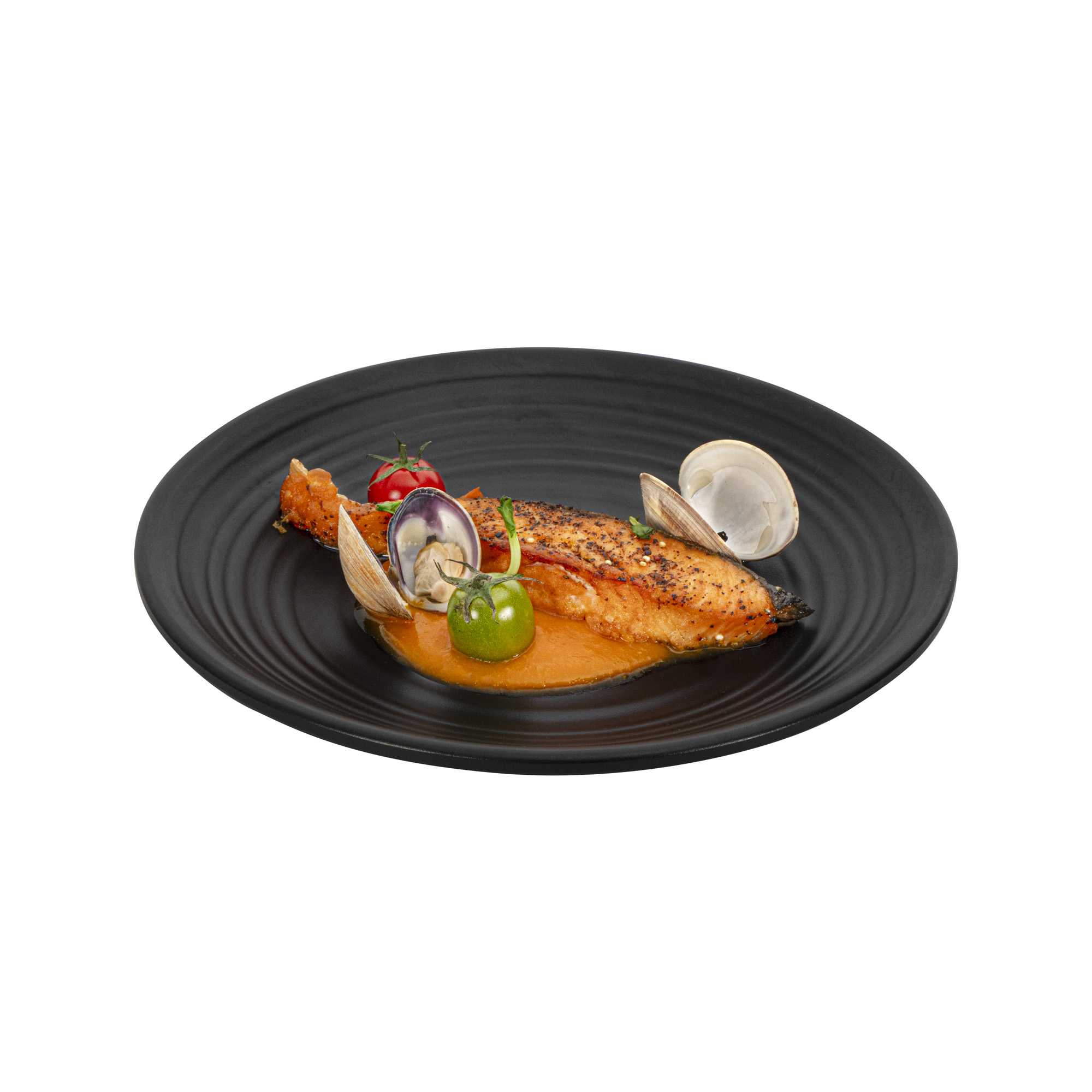 Voga Round Black Melamine Medium Plate - Japonais, Black Stone - 10" x 10" x 1 1/4" - 60 count box